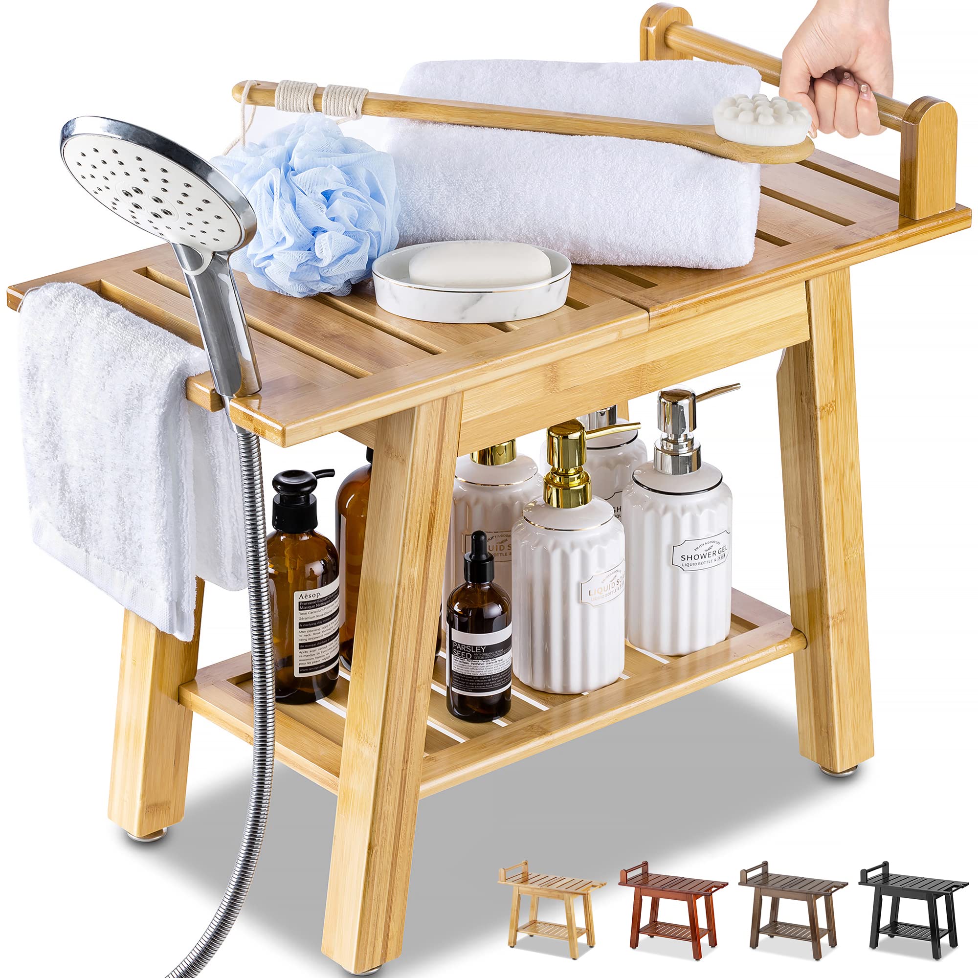 ETECHMART 2-Tier Bamboo Shower Bench, 24 Inch Spa Stool with Storage Shelf  for Inside Shower Legs Shaving, Entryway or Bathroom, A-Shaped Shower Bath  Seat for Seniors Adults Disabled Women, Natural 24×20×12 Inch+Bamboo