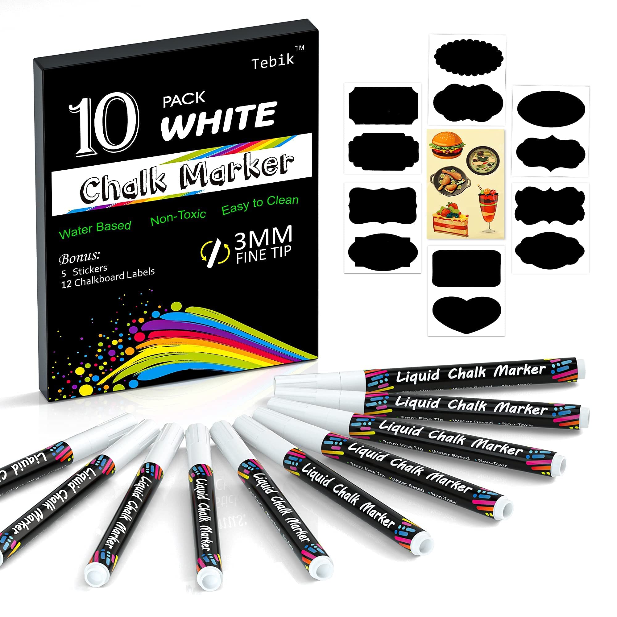 Tebik White Liquid Chalk Markers Set, Pack of 10 White Chalkboard Paint  Pens with 12 Chalkboard Labels, 5 Stickers, Perfect for Chalkboards, Bistro  Boards, Glass and Metal
