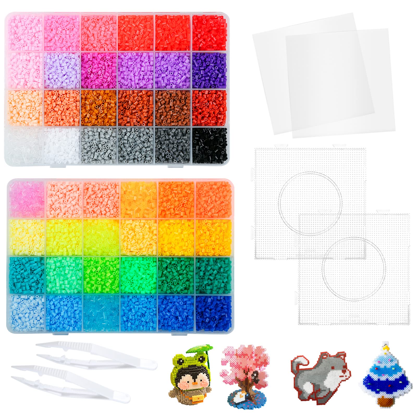 24000pcs Fuse Beads Kit 2.6mm Mini Fuse Beads Set 48 Color Fuse Beading Kit  with Pegboards Ironing Paper Tweezers Crafts Set Art Crafts Toys for Kids