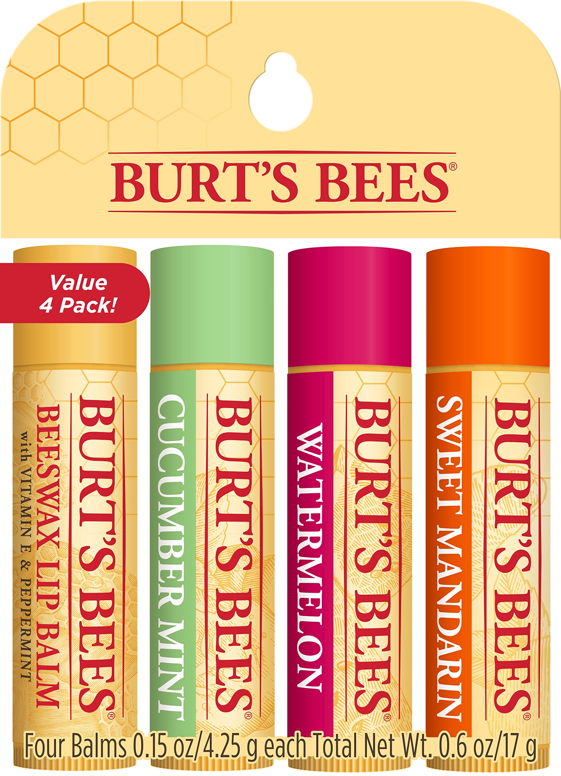 Burt's Bees 100% Natural Moisturizing Lip Balm with Beeswax, Vitamin E &  Peppermint Oil, 4 Count 