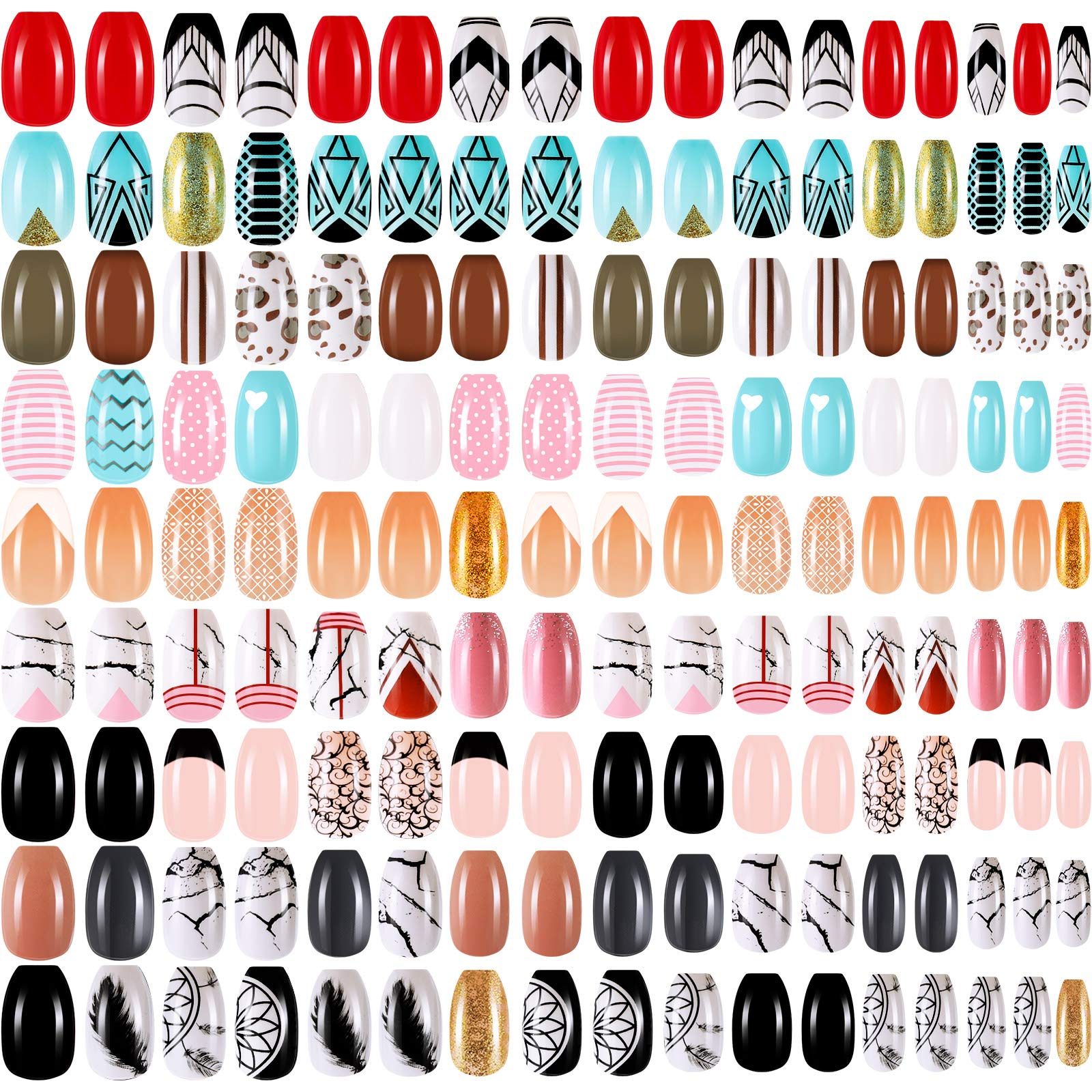 Maitys 216 Pieces Short Coffin Press on Nails Ballerina False Nails Glitter  Glossy Full Cover Artificial Nail Colorful False Nail for Nail Salon Art  DIY Nails Decoration Women Girls (Elegant Pattern) Delicate