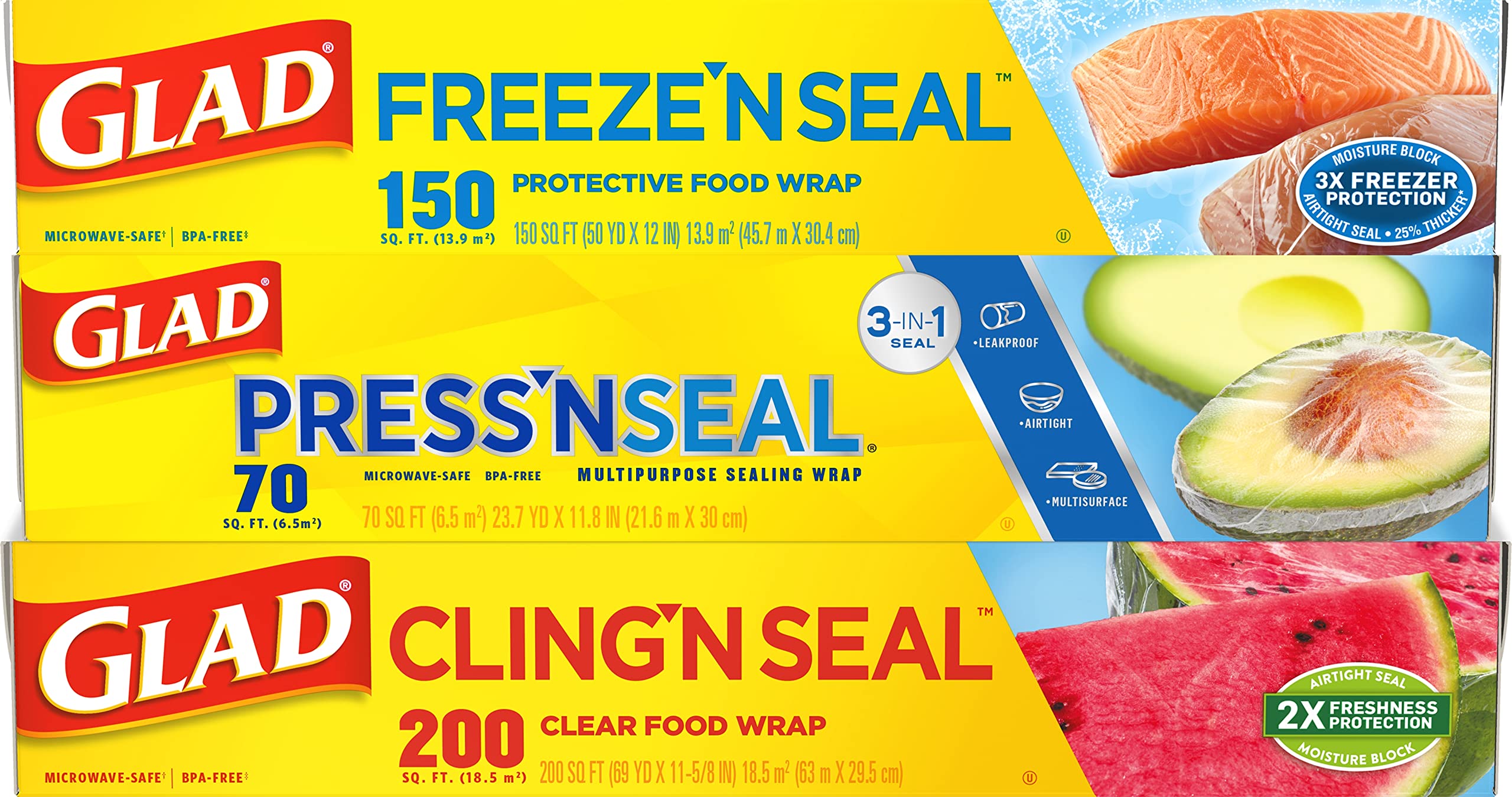 Glad Plastic Food Wrap Variety Pack - Press'n Seal 70 Square Foot Roll,  Freeze N Seal