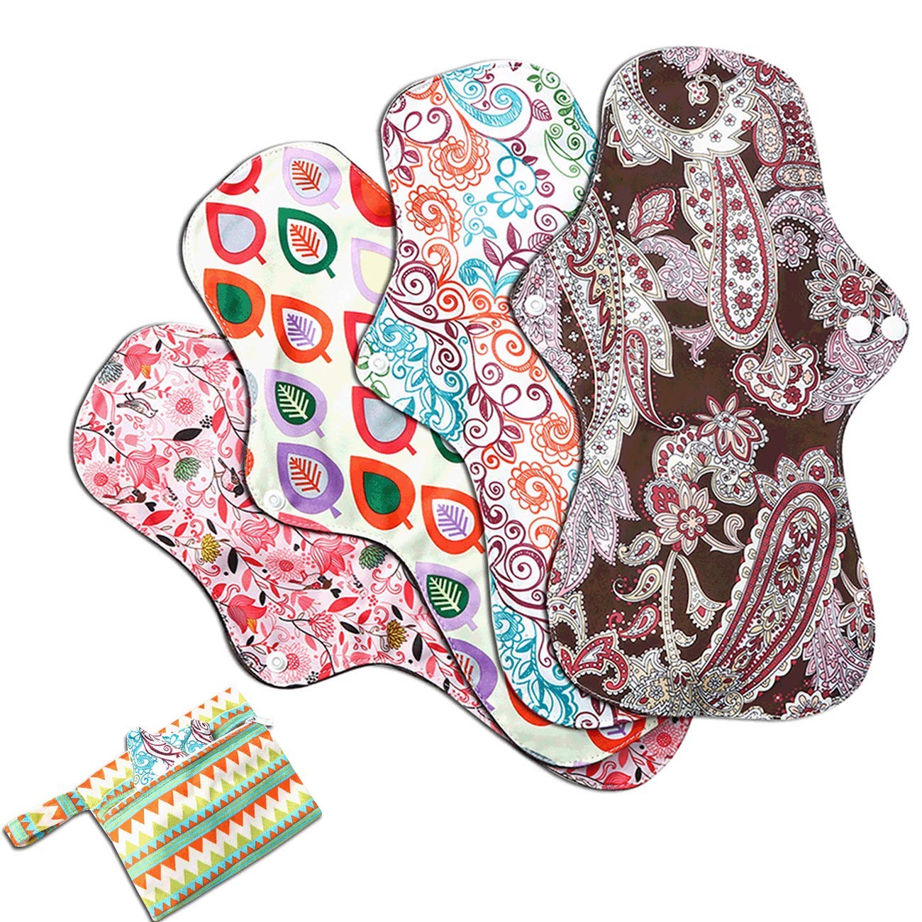 Asenappy 4 PCs Cloth Sanitary Pads Reusable X Large Cloth Menstrual Pads  for Heavy Flow Night Use + Wet Bag Multicolor B