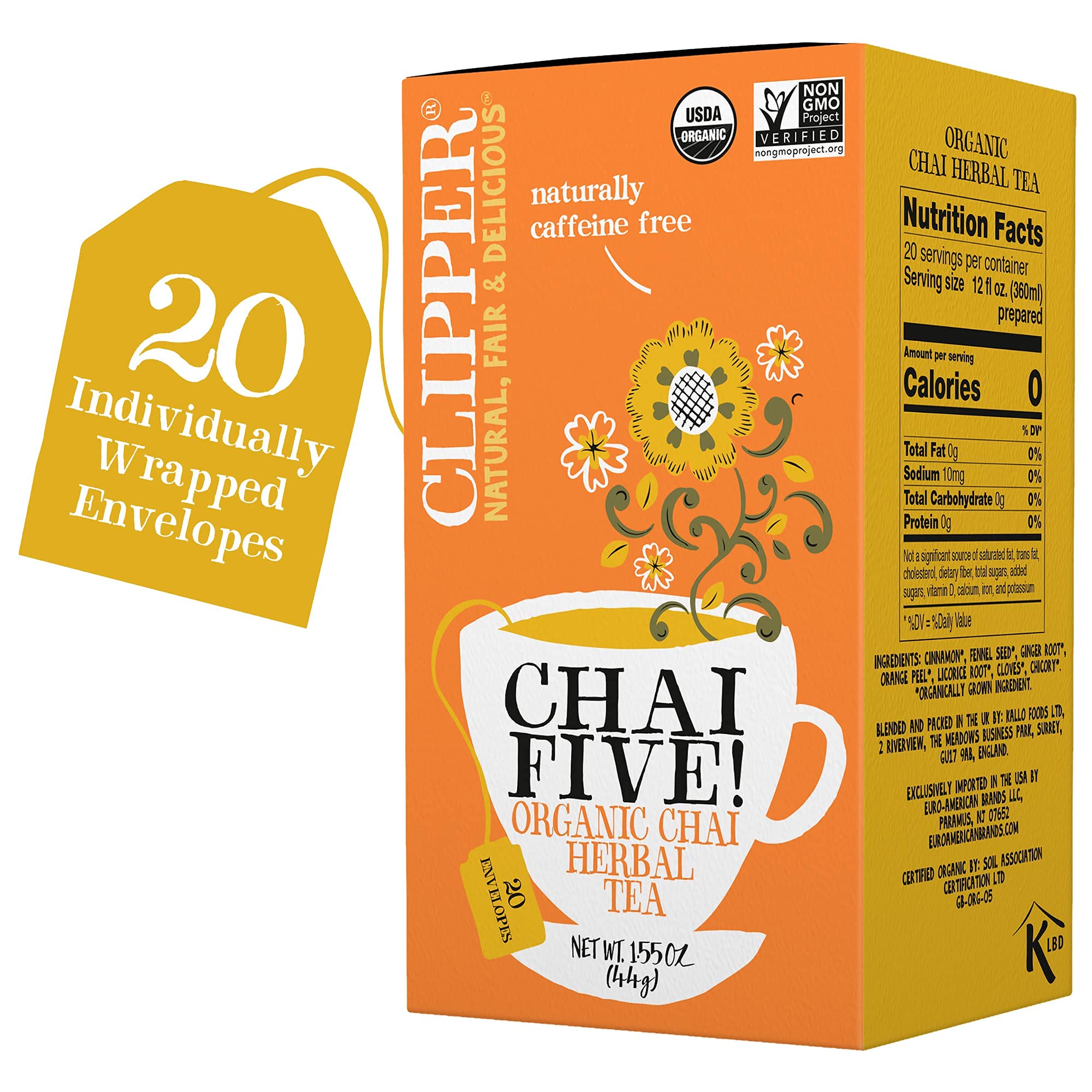 Clipper Tea Organic Chai Herbal Tea, Chai Five - USDA Organic, Non-GMO,  Caffeine Free Tea, 1