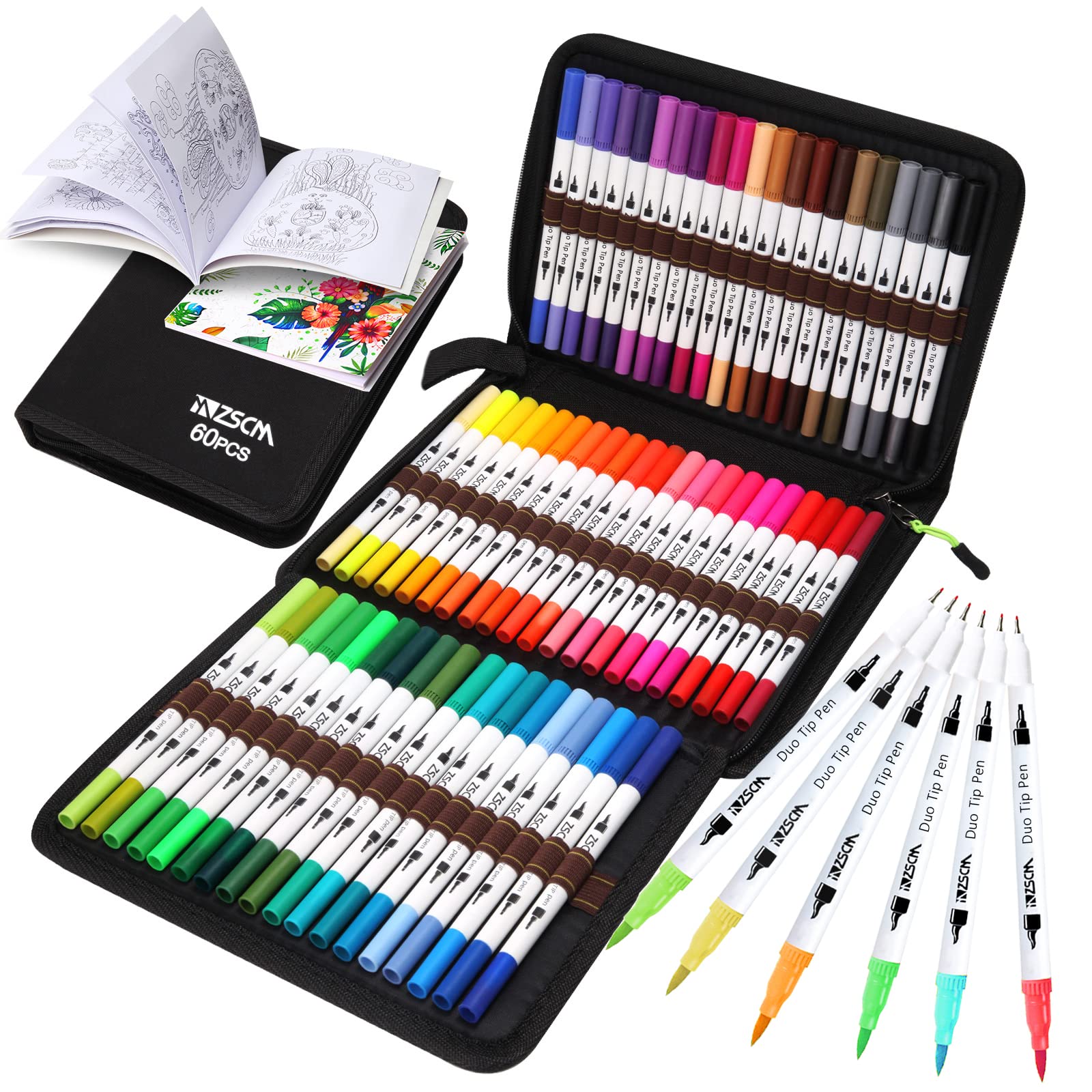 ZSCM Art Duo Tip Brush Markers Set, 60 Colors Fine& Brush Tip