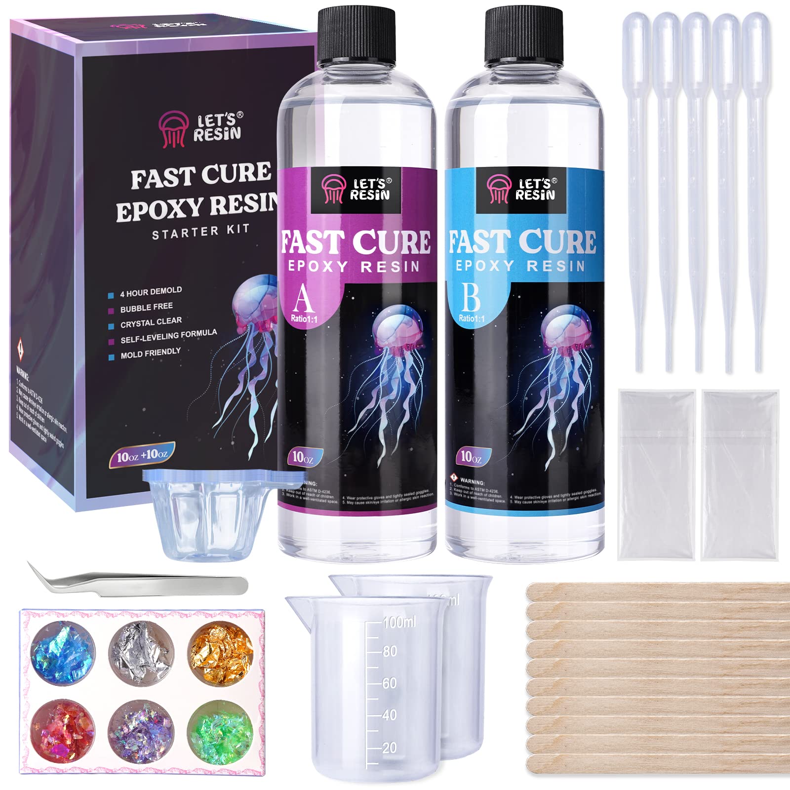 LET'S RESIN Fast Curing Epoxy Resin Kit-4 Hours Demold 20OZ Quick Curing &  Bubble Free Epoxy Resin Crystal Clear Epoxy Resin for Craft Art Resin  Supplies with Foil Flake Resin Cup Stir