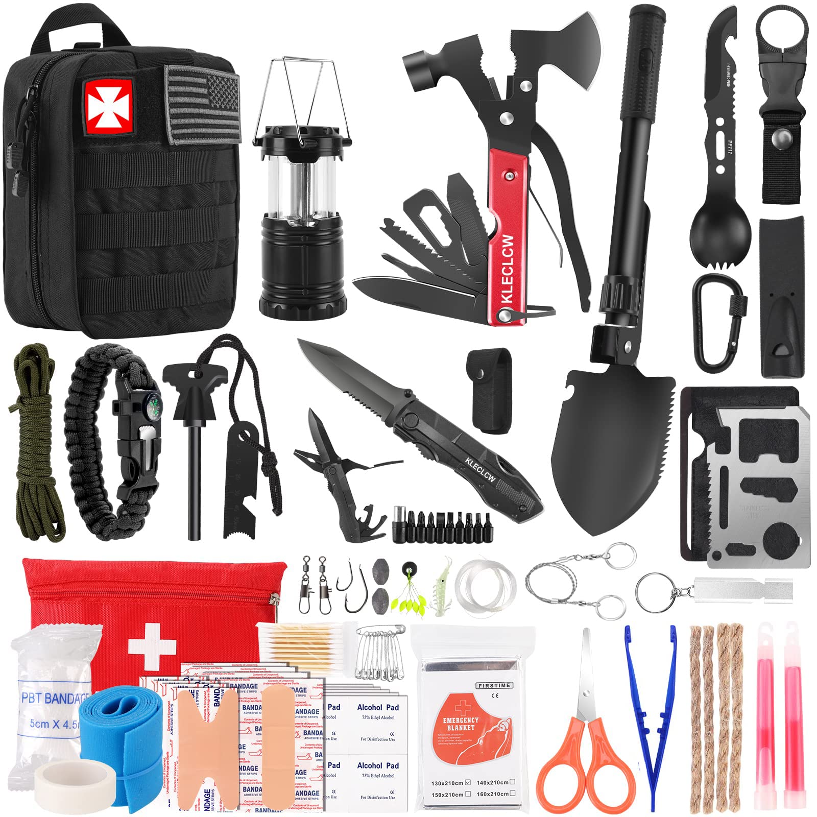 Survival Kit and First Aid kit, 160 Pcs Emergency Supplies Camping  Accessories with Upgraded Molle Bag, Including Hatchet Shovel Pliers  Lantern, Gifts for Men Outdoor Adventure Camping Hiking Hunting