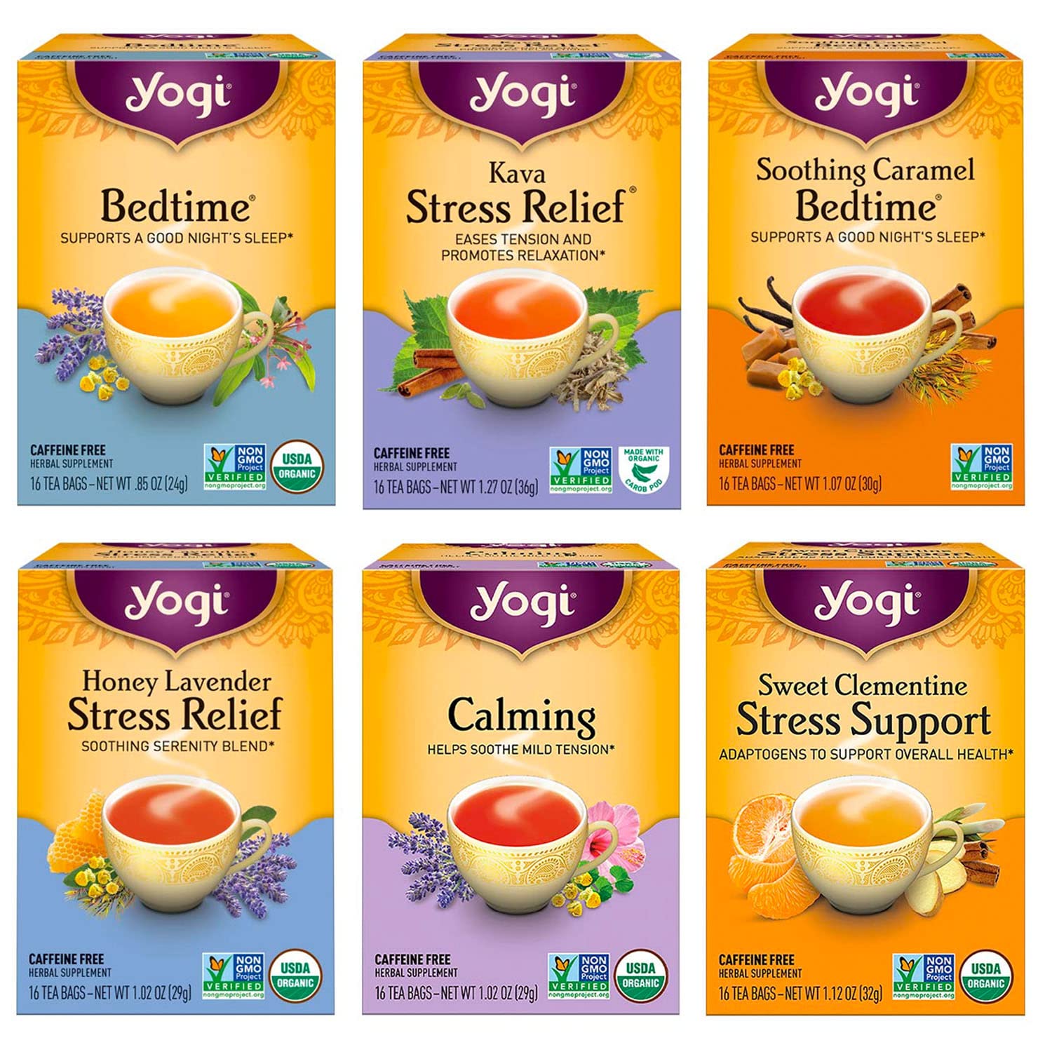 Yogi Tea - Stress Relief and Herbal Tea Variety Pack Sampler (6 Pack) -  With Bedtime Kava Soothing Caramel Honey Lavender Calming and Sweet  Clementine - Caffeine Free - 96 Organic Herbal Tea Bags