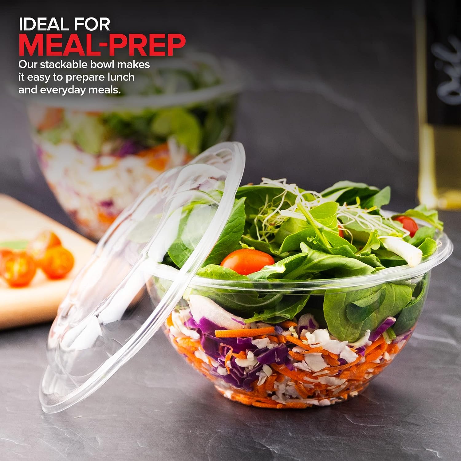 Stock Your Home 32oz Clear Plastic Salad Bowls with Lids (50 Pack) - Thumbnail 2