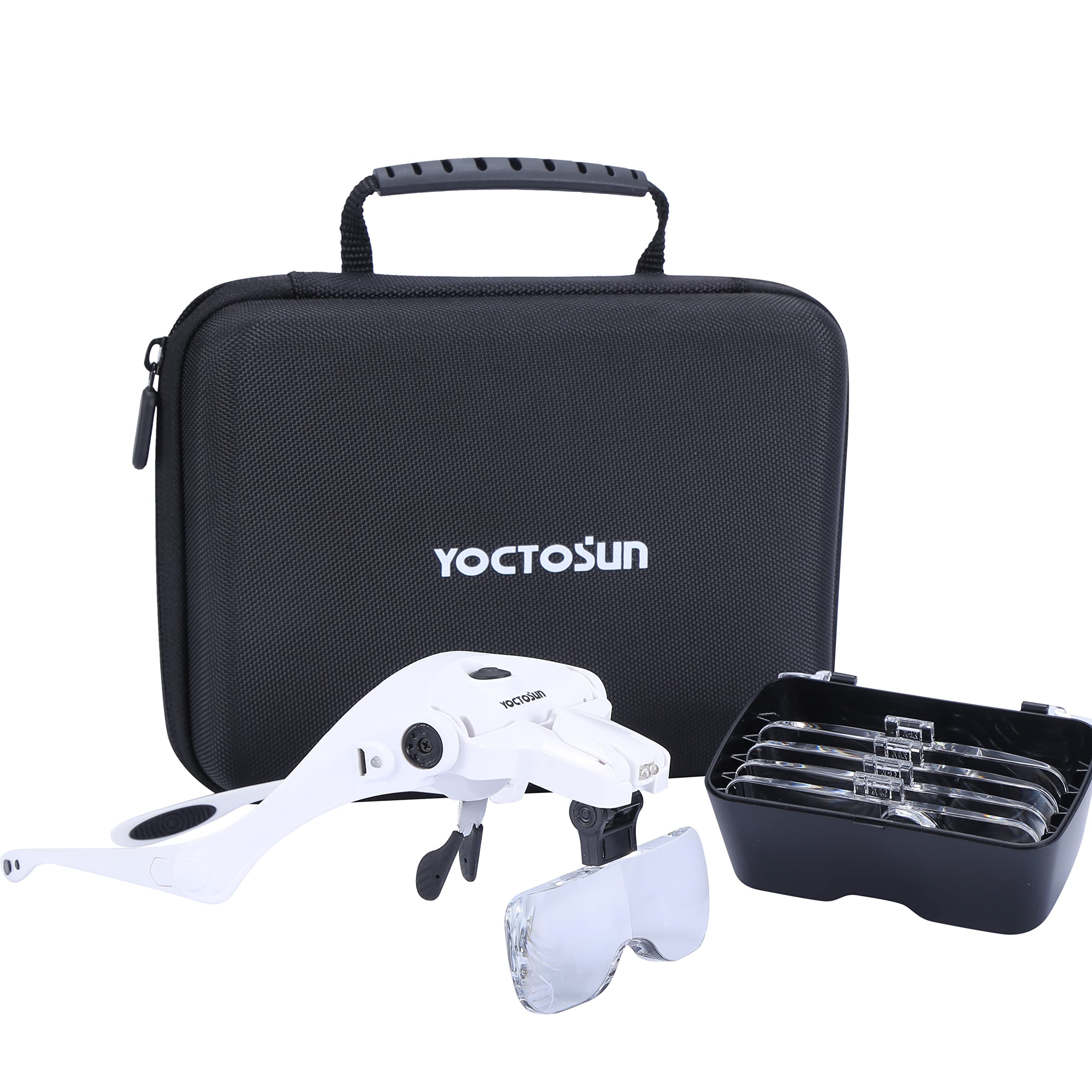 Yoctosun Rechargeable Head Magnifier Glasses, Hands Free Head Mount Magnifier with 3 Detachable Lenses and 2 LED Lights, Great Magnifying Glasses