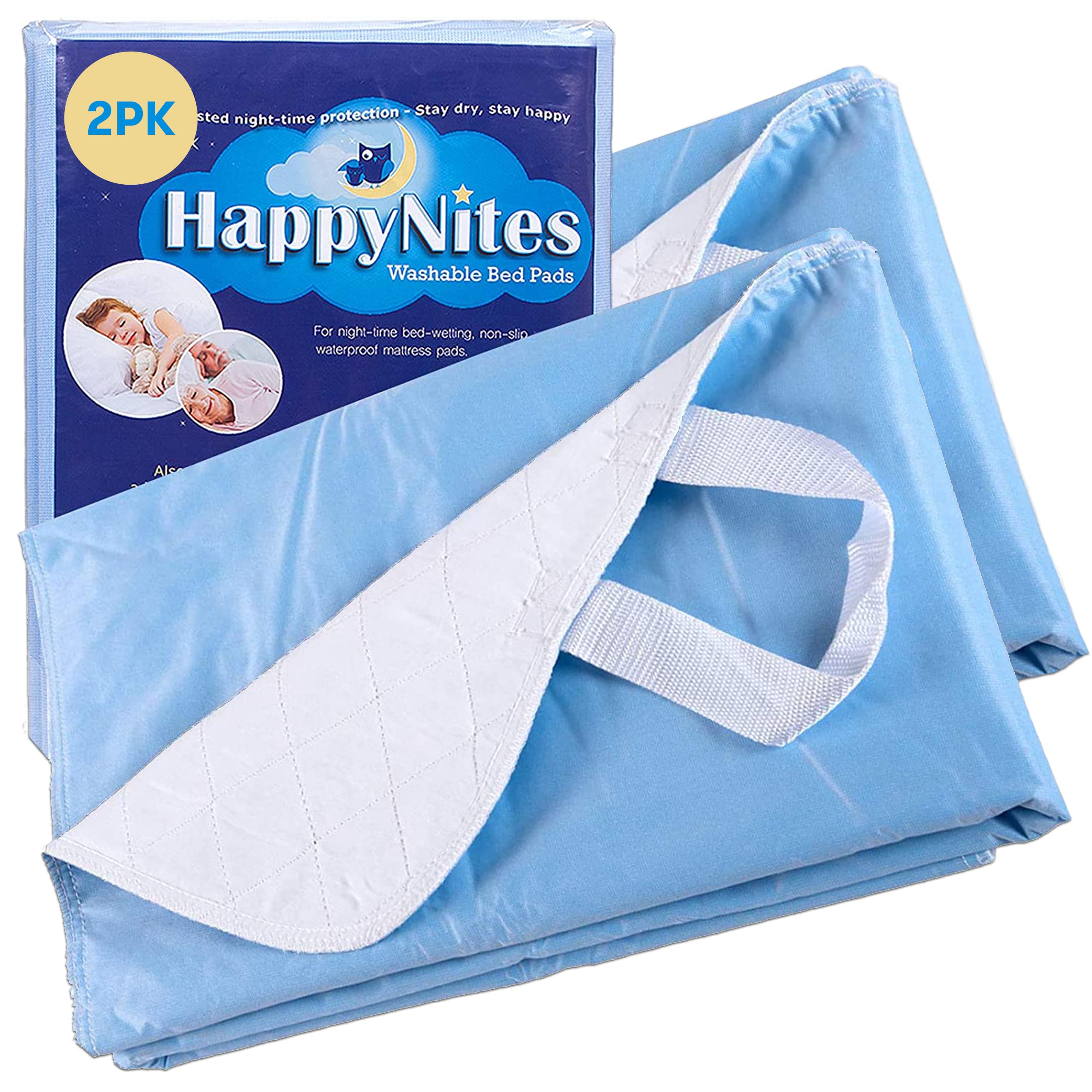 HappyNites Bed Pads for Seniors, Adults and Kids - 2 Pack with Handles,  36in X 52in, Washable, Water-Resistant, and Reusable - Bedwetting & Incontinence  Pads 2 Pack w/ Handles