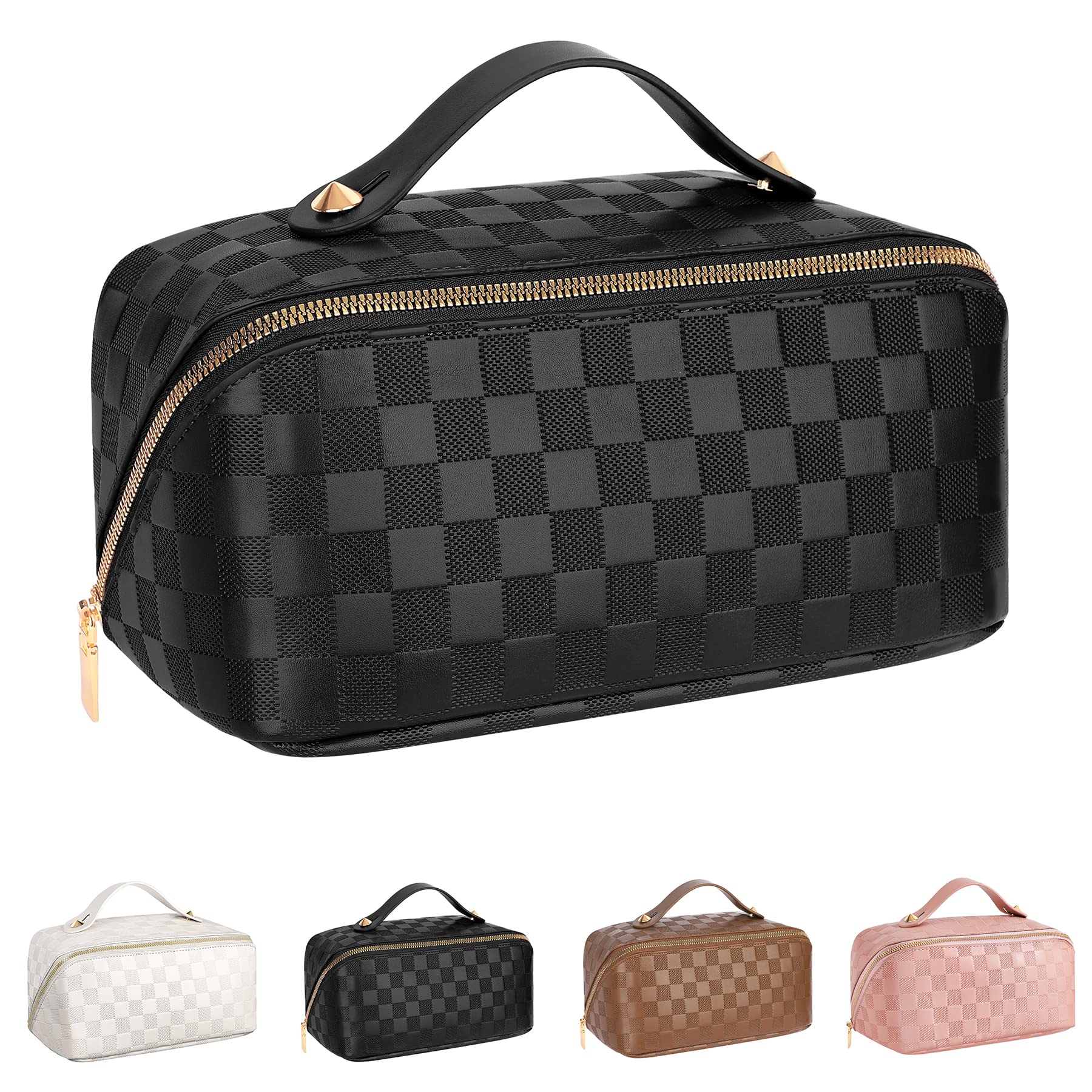 Travel Makeup Bag, Large Capacity Cosmetic Bag, Portable Makeup  Bags for Women, PU Leather Waterproof Checkered Makeup Bag with Dividers  and Handle, Toiletry Bag for Women, Travel Essentials, Black : Beauty