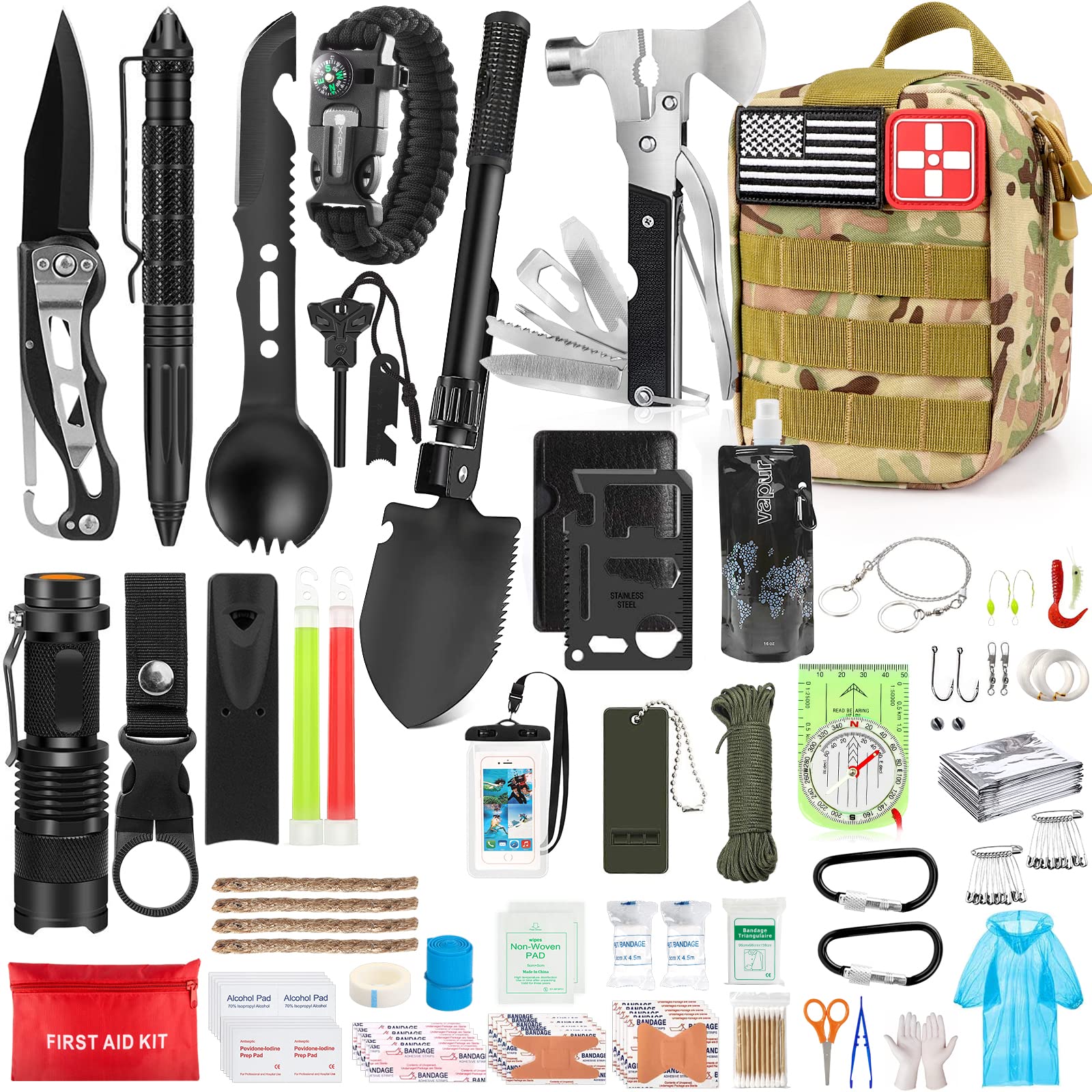 235Pcs Emergency Survival Kit and First Aid Kit Professional Survival Gear  Tool with IFAK Molle System Compatible Bag, Gift for Men Camping Outdoor  Adventure Boat Hunting Hiking Home Car & Earthquake Camouflage