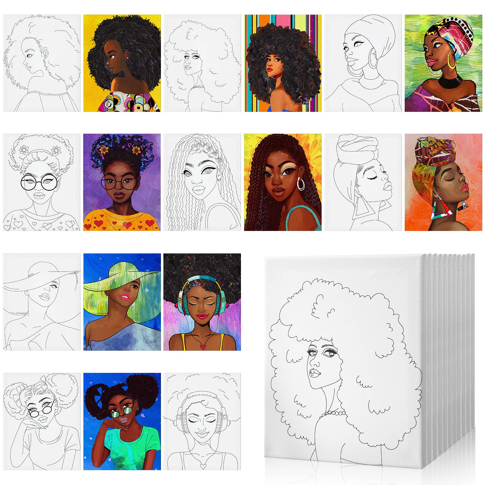 10 Pieces Canvas Painting Pre Drawn Stretched Cotton Canvas Afro Queen Pre  Drawn Canvas for Painting for Adults Kids Paint Party Set Pre Drawn Canvas  Outline for Paint and Sip 8 X10 Inch