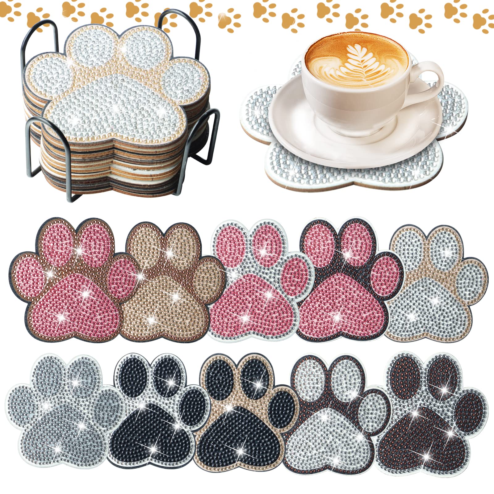 10 Pcs Dog Paw Shaped Diamond Painting Coasters Kits DIY Pet Paw