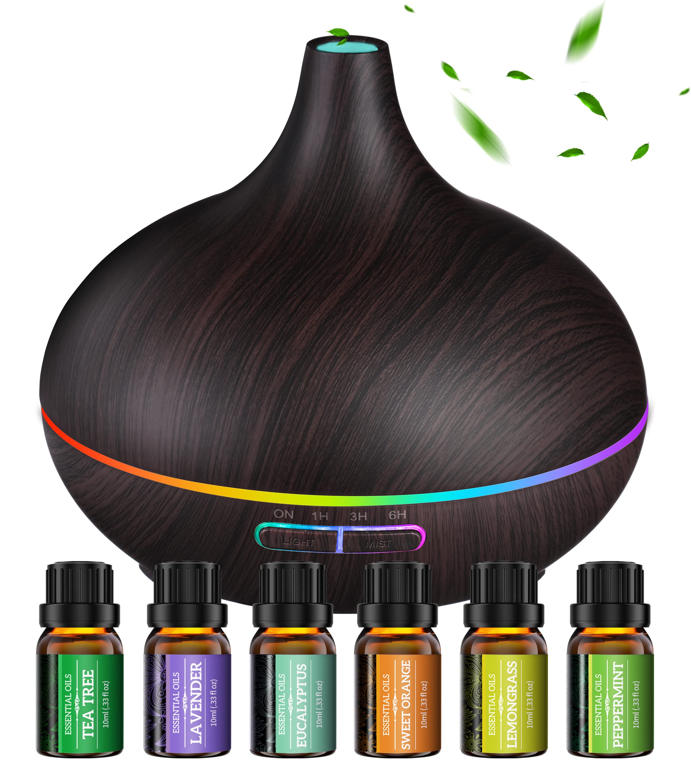 Oil Diffuser Essential Oils[6 Pack], 500ML Oil Diffuser Large Room,8  Colors+23dB Quiet Oil Diffuser with Essential Oils Included, Wood  Made+Ultrasonic