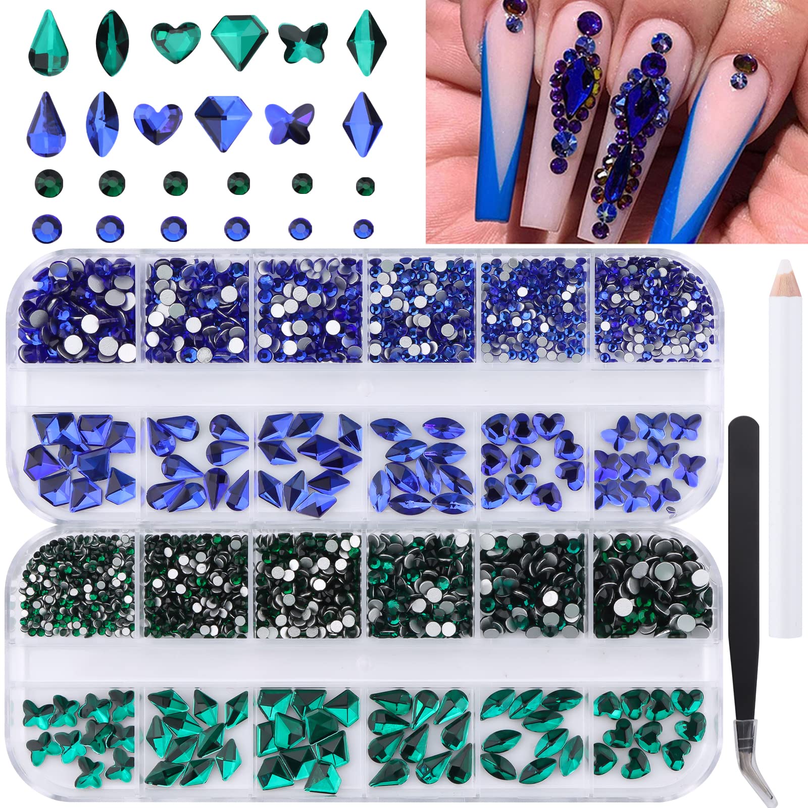 Kalolary Green Nail Rhinestones, Blue Crystal Gems Charm Nail Diamond 3D  Flat Back Multi Shapes Stone