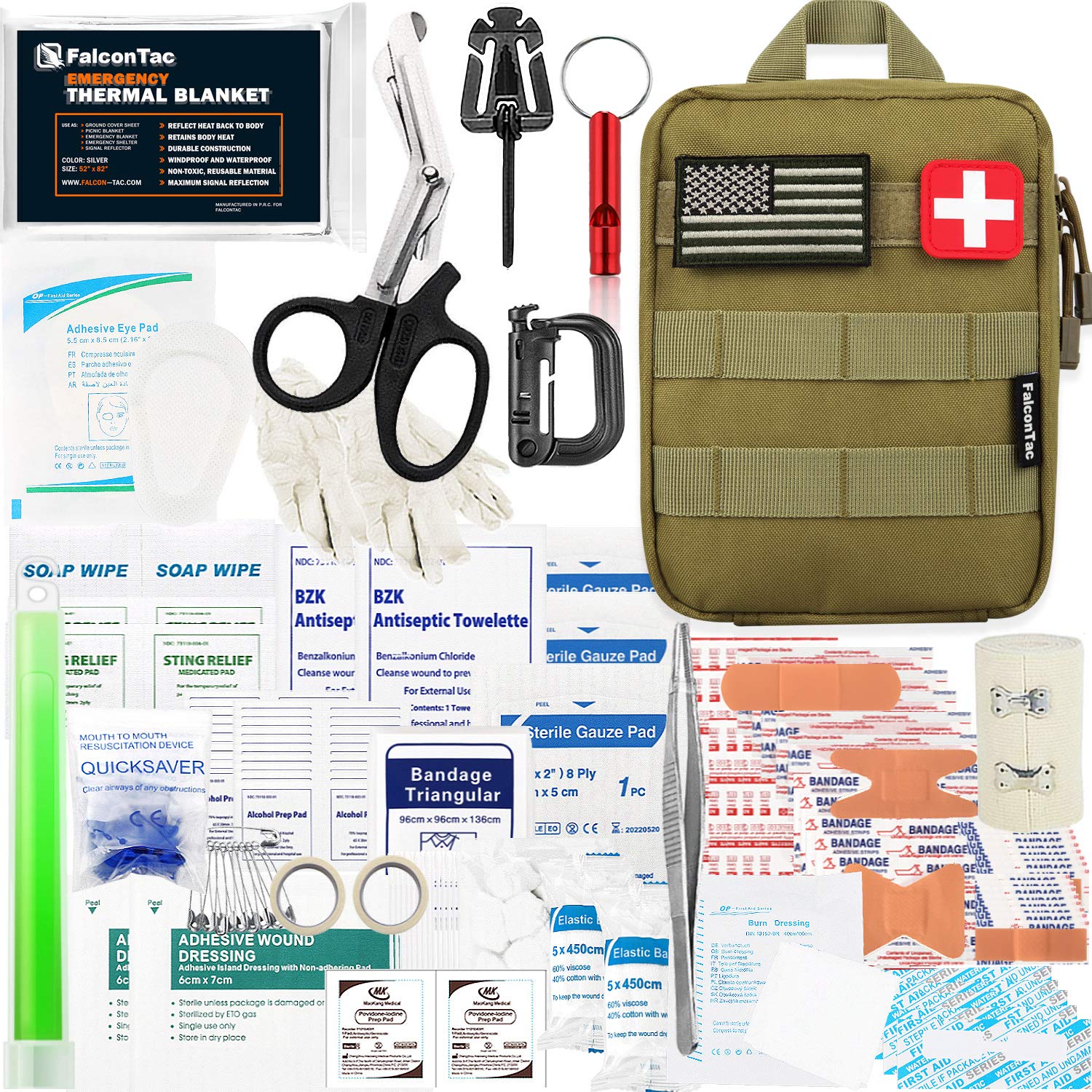 FalconTac 200 Pieces First Aid Kit IFAK Survival Kit Molle System  Compatible Pouch, Emergency Kit Gift for Men, Dad, Husband, for Outdoor,  Camping, Hunting, Hiking, Home, Earthquake, Disasters Tan