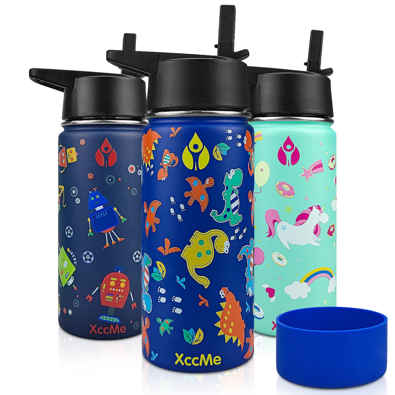 XccMe Kids Water Bottle Stainless Steel Kid Water Bottle 16oz Kids  Insulated Water Bottle Kids Metal water bottle Kids Water Bottle for School  with Straw Lid Silicone Boot for boy girl Dinosaur