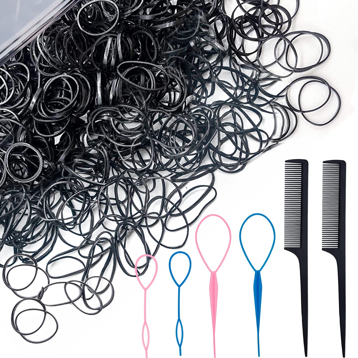 AIBEE Mini Rubber Bands, 1000pcs Small Black Elastic Hair Bands Hair Ties  with 2pcs Rat Tail