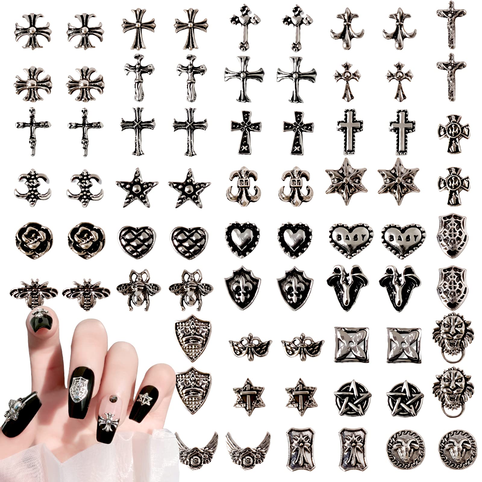 72Pcs Cross Nail Charm, 3D Nail Charms Vintage Silver Punk Chrome