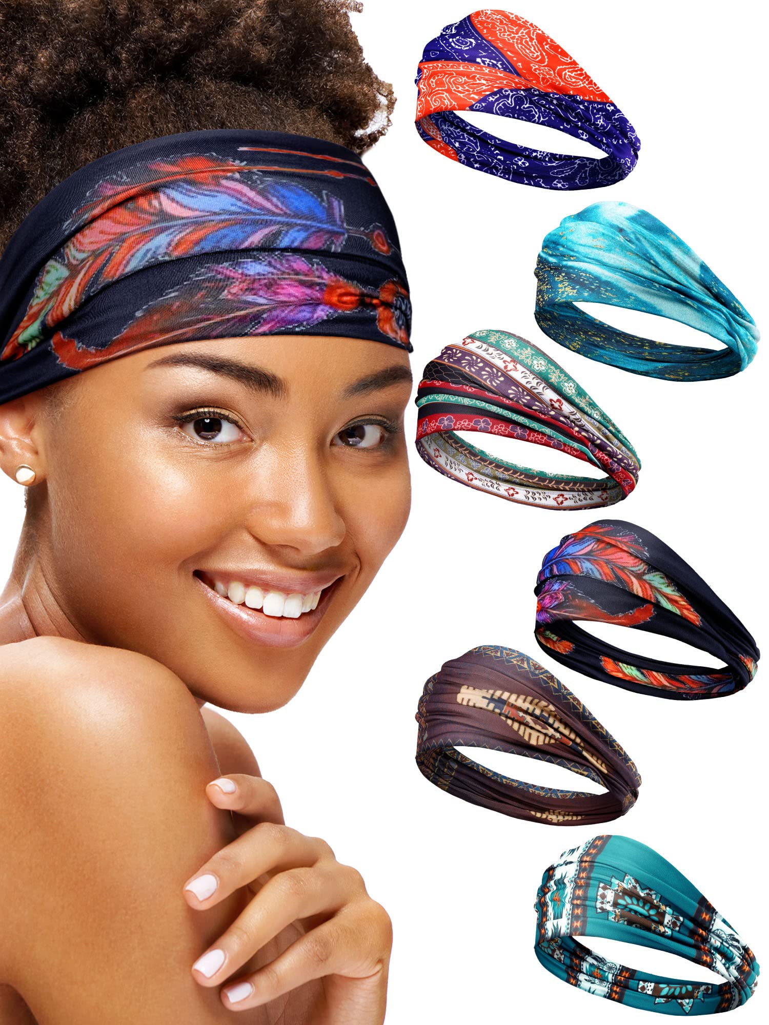 6 Pieces African Headband Boho Print Headband Yoga Sports Workout