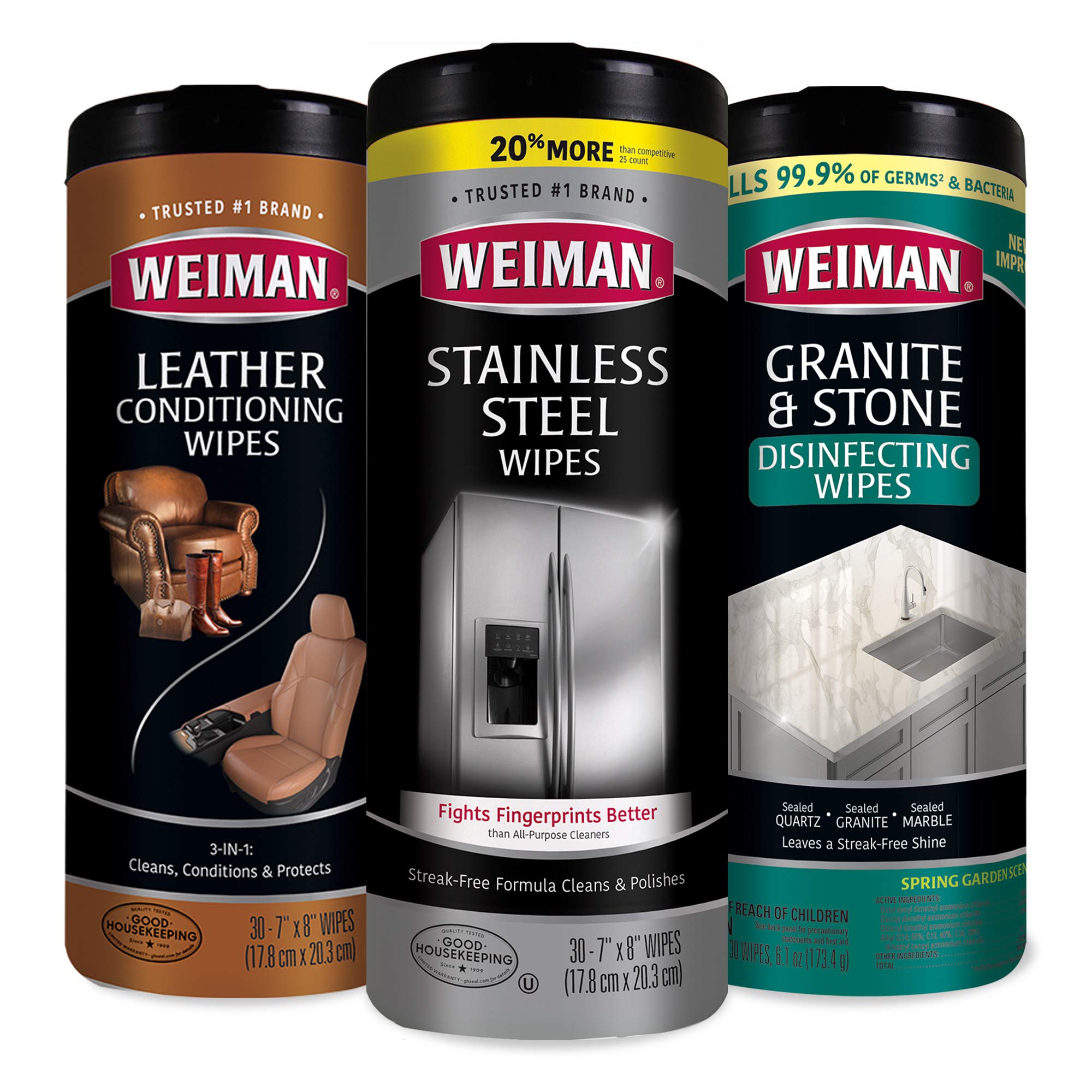 Weiman Wipes Variety 3 Pack - Stainless Steel, Leather, and Granite - 90  Wipes