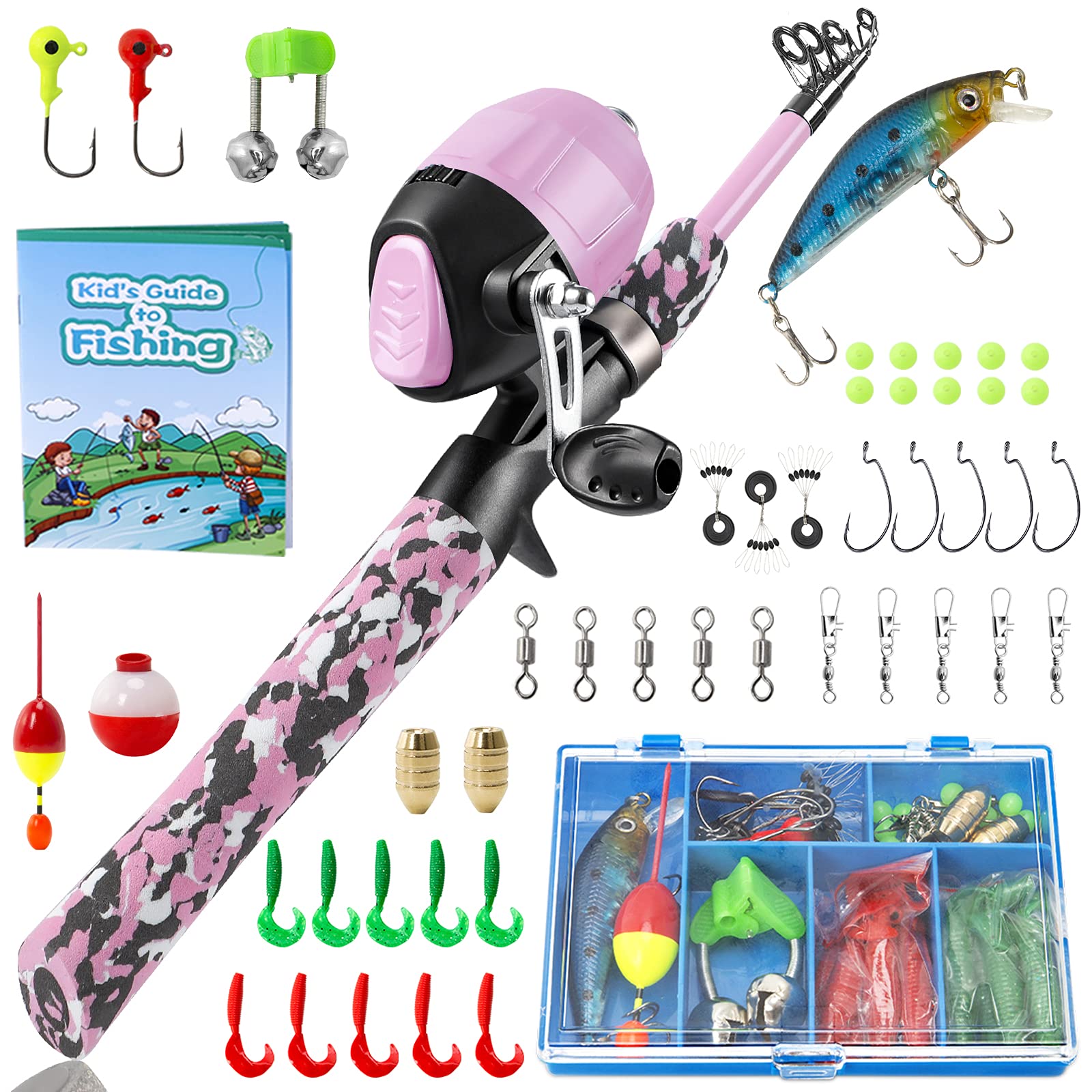 PLUSINNO Kids Fishing Pole,Telescopic Fishing Rod and Reel Combos with Spincast  Fishing Reel and String with Fishing Line Pink Handle without Bag 150CM  59.05IN