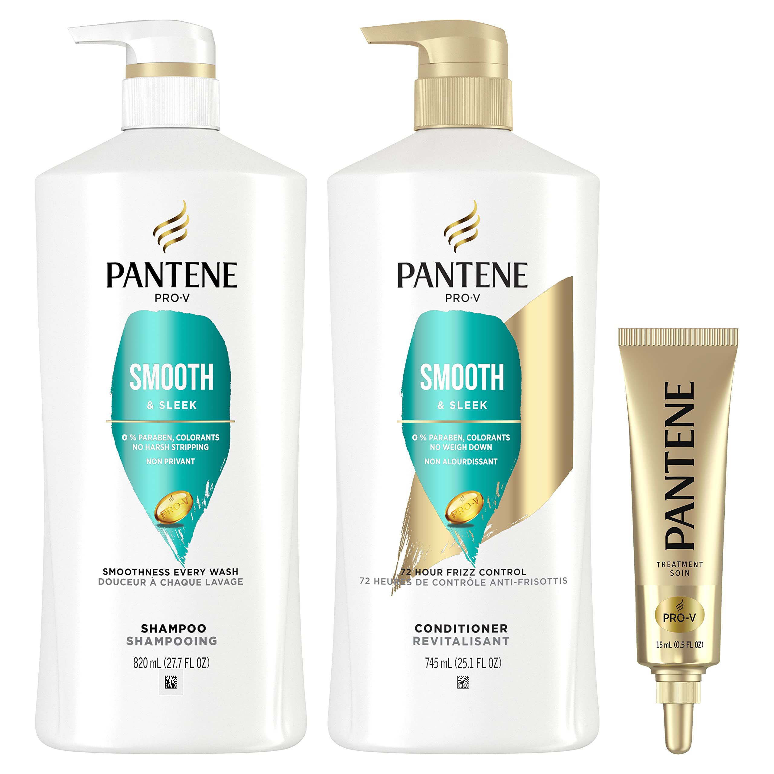 Pantene Shampoo, Conditioner and Hair Treatment Set, Smooth and Sleek for  Frizz Control, Safe for Color-Treated Hair