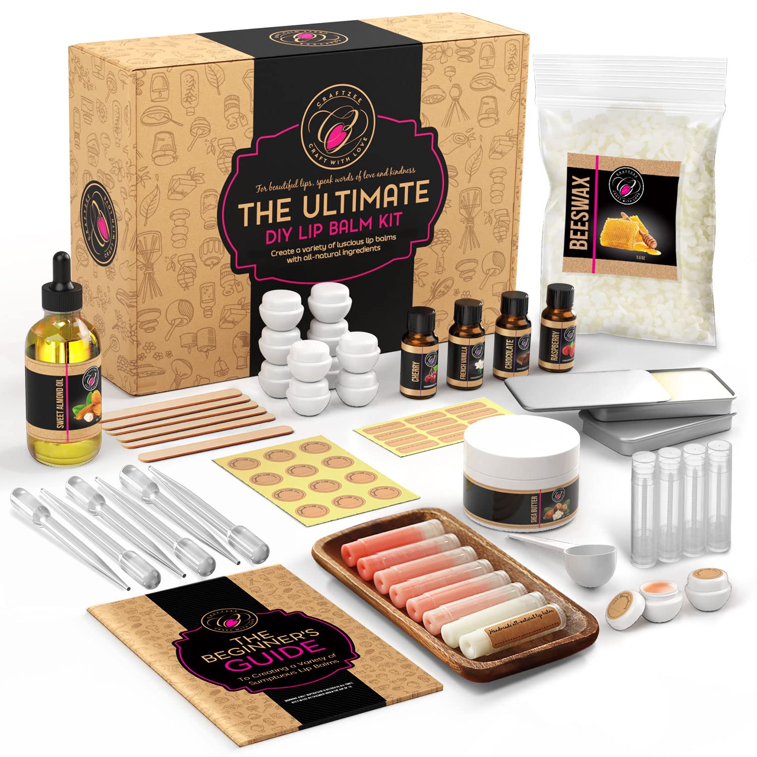 CraftZee Lip Balm Making Kit - DIY Lip Gloss Kit with Natural Beeswax Shea  Butter Sweet Almond Oil Essential Oils Tubes Jars & More Craft Kit For  Adults