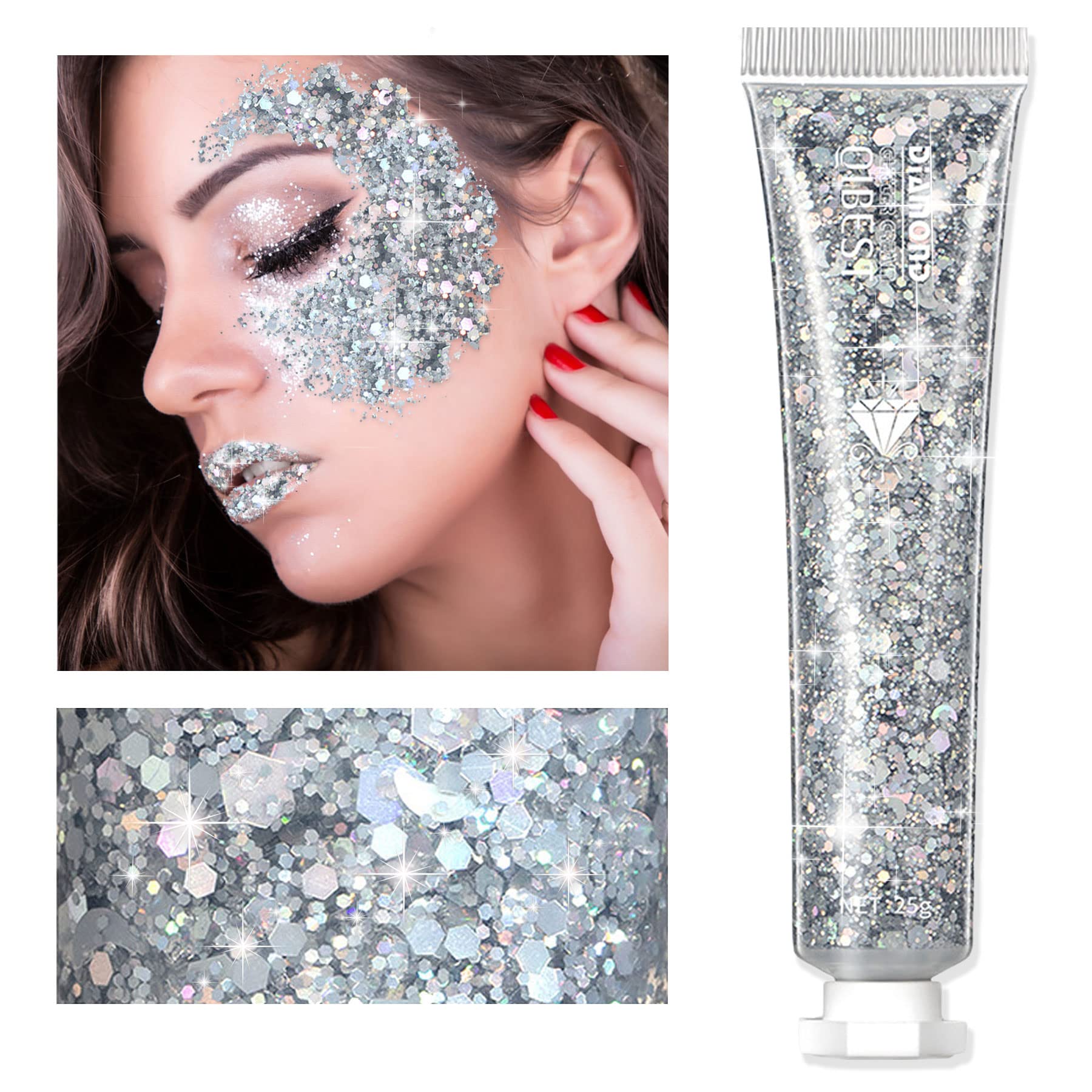 Silver Body Face Glitter Gel Glow in The Dark Body Glitter Long Lasting  Glitter Halloween Chunky Glitter Gel Makeup Body Glitter for Women Girls  Rave Glitter Festival Accessories