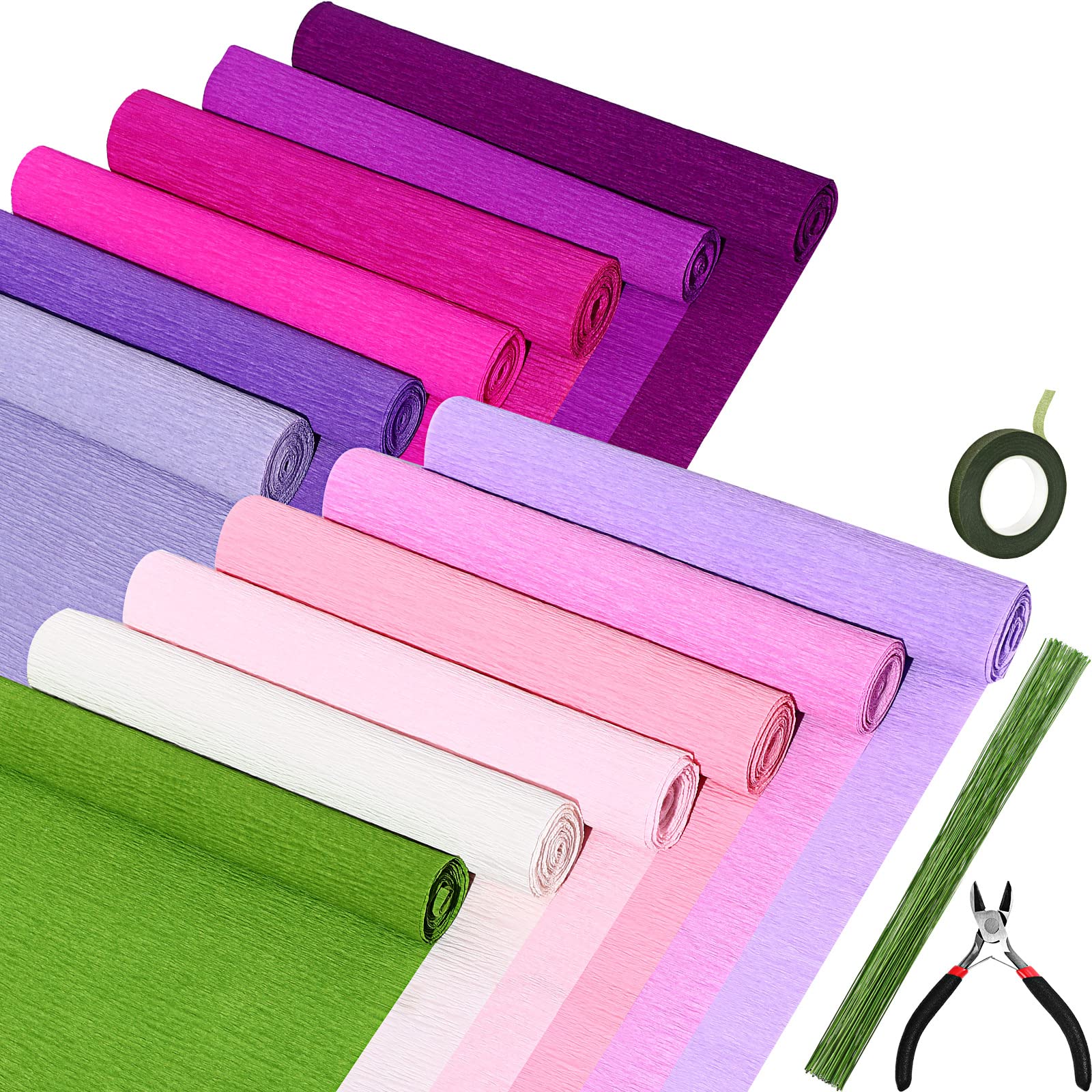 14 Colors Crepe Paper Rolls, 9.8 x 98 Inch Wide Crepe Paper Sheets with 100  Pcs Green Floral Iron Wire, Floral Band, Double-Sided Tape, and Scissors
