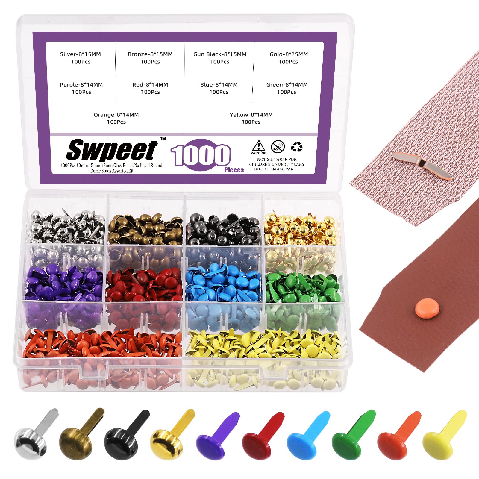 Swpeet 1000Pcs 10 Colors and 2 Typles 8 x 14mm/15mm Round and Mushroom  Metal Head Paper Fasteners Brads and Plate Bottom Stud Bag Feet Assortment  Kit for Scrapbooking and Clothing Shoes Making