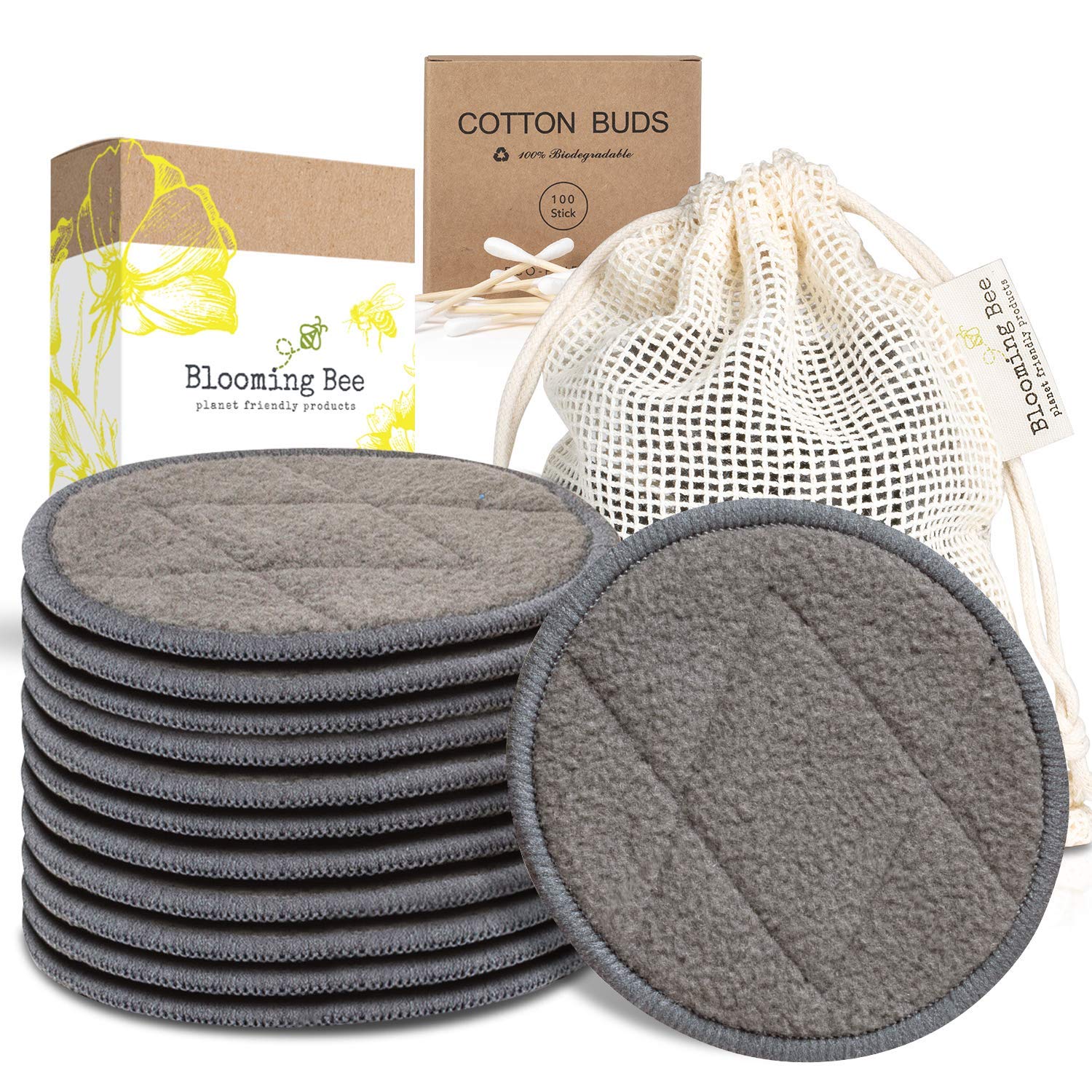BLOOMING BEE 12 Charcoal Bamboo Reusable Makeup Remover Pads with Laundry  Bag (+ 100% Biodegradable