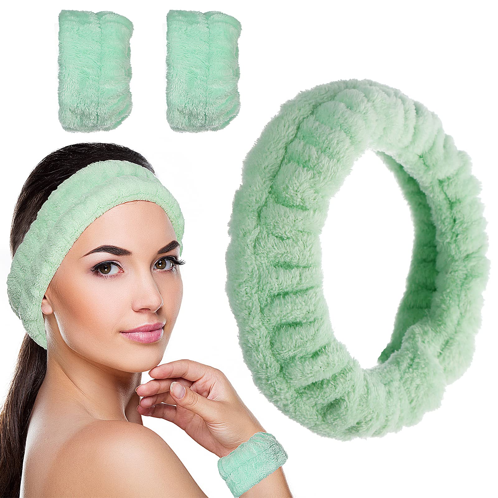 Luluo Spa Headband Women Microfiber Facial Makeup Hairband with Wristbands  Elastic Fluffy Face Washing Headband Skin Care Green Spa Headbands