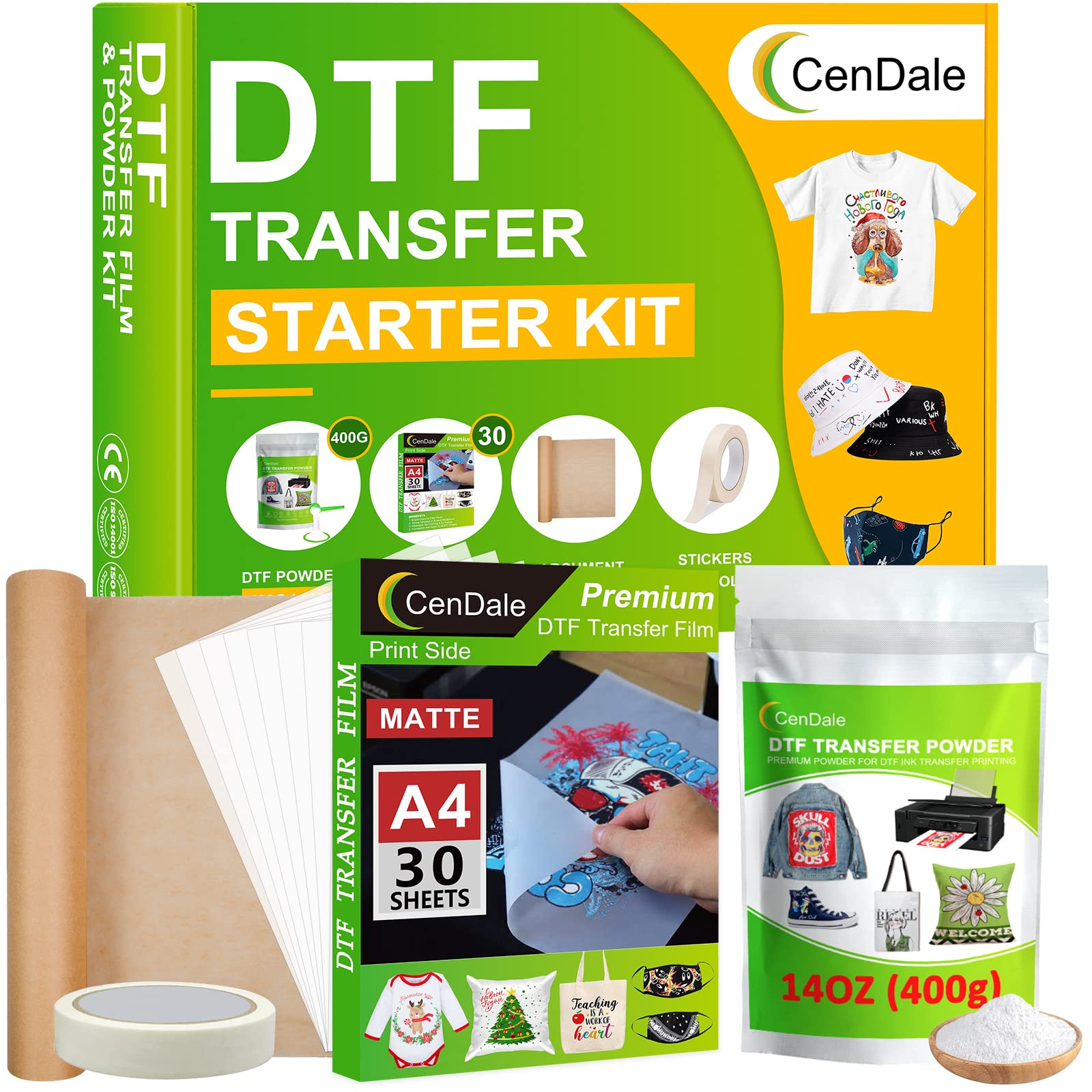 CenDale DTF Transfer Film and Powder Kit - 30 Sheets A4 DTF Film for  Sublimation 14oz White