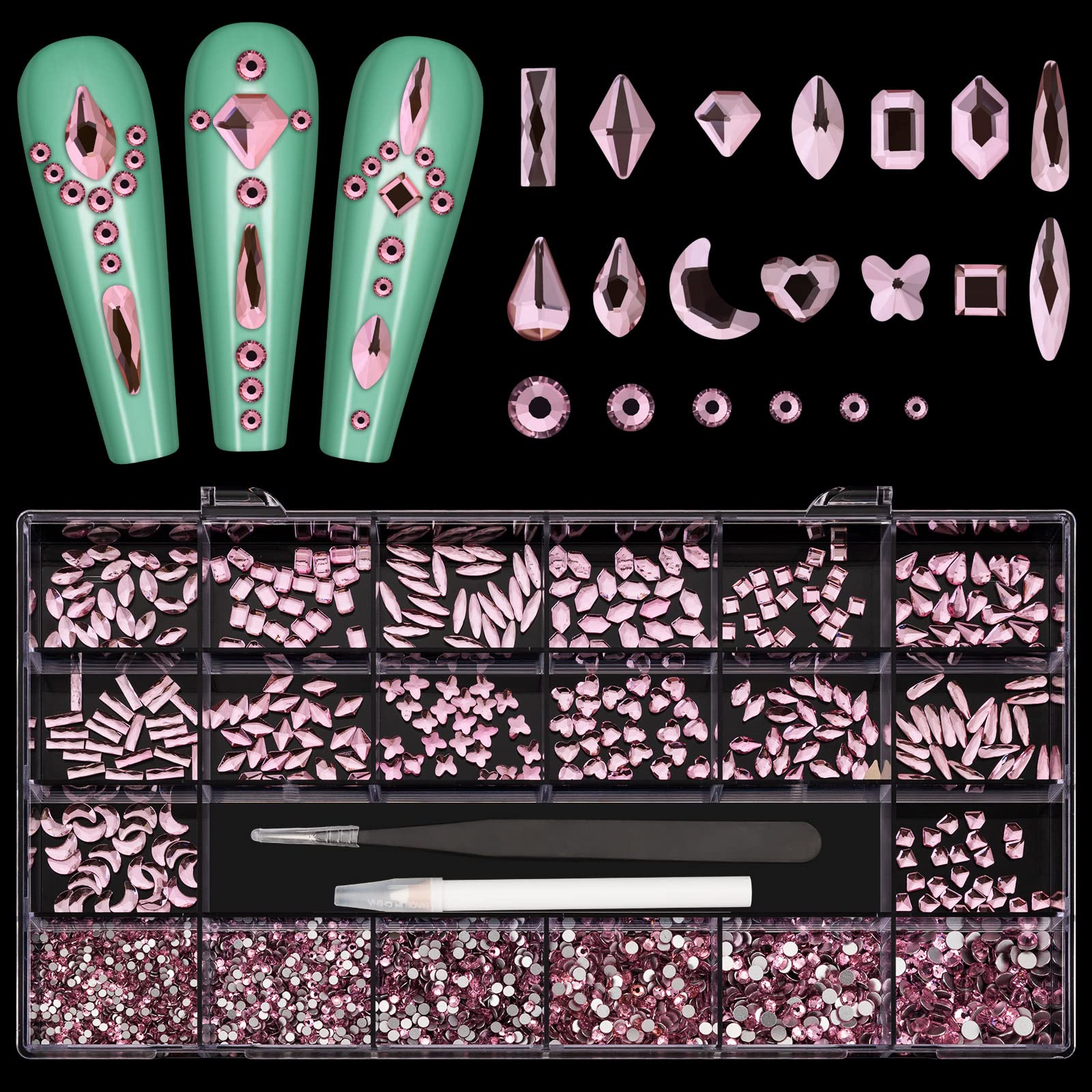 Noverlife 3830PCS Nail Art Pink Rhinestones Multi Shapes Rhinestones Nail Rhinestones  Set 3D Nail Art Gemstones