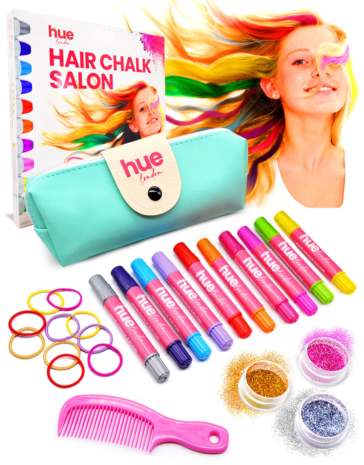 HueLondon Hair Chalk for Girls, Hair Chalk for Dark Hair, Hair Chalk Set -  Glitter Styling Kit, Temporary Hair Color for Kids, Washable Chalk Hair Dye  - Face Paint, Hair Chalk for Kids