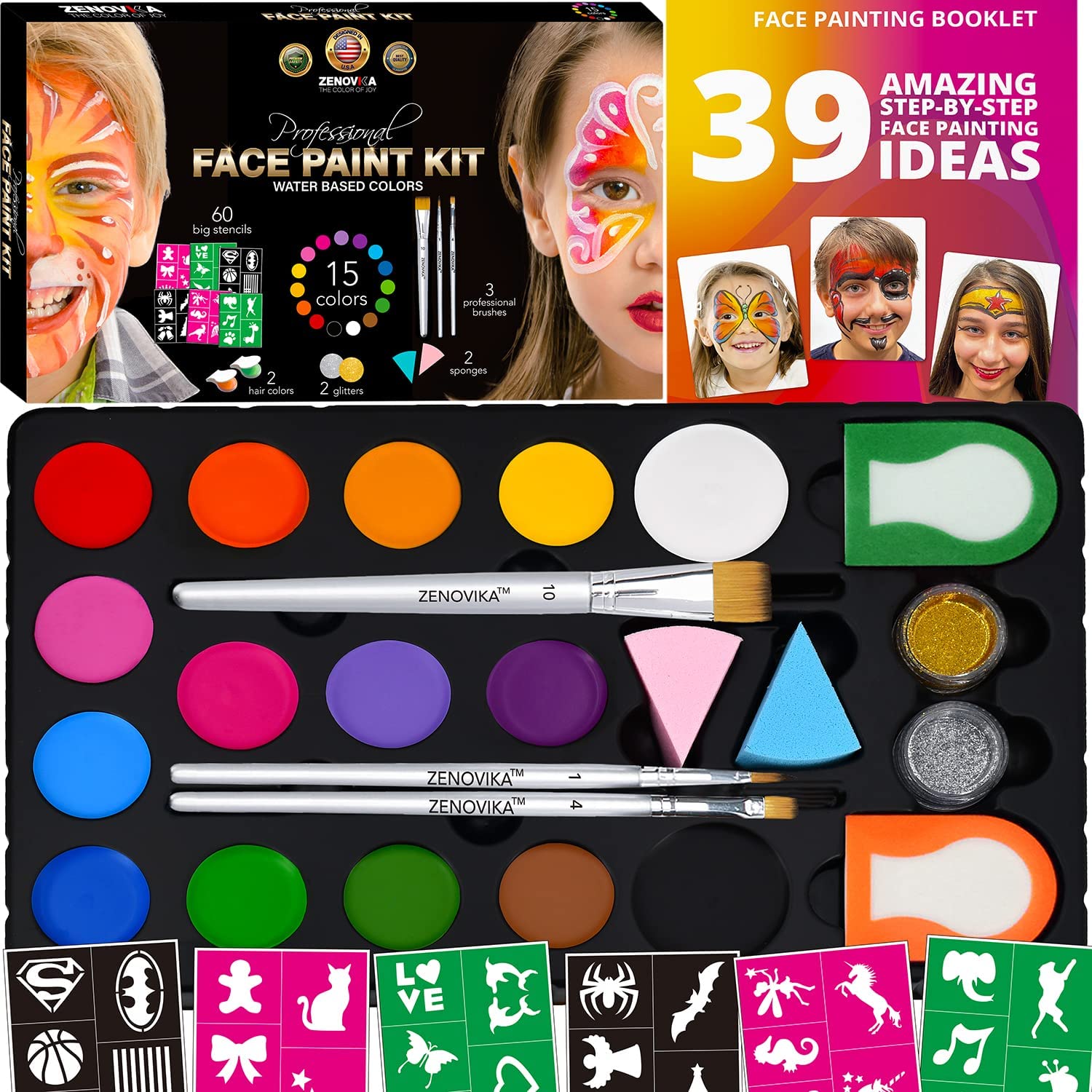 Zenovika Face Paint Kit for Kids - 60 Jumbo Stencils, 15 Large
