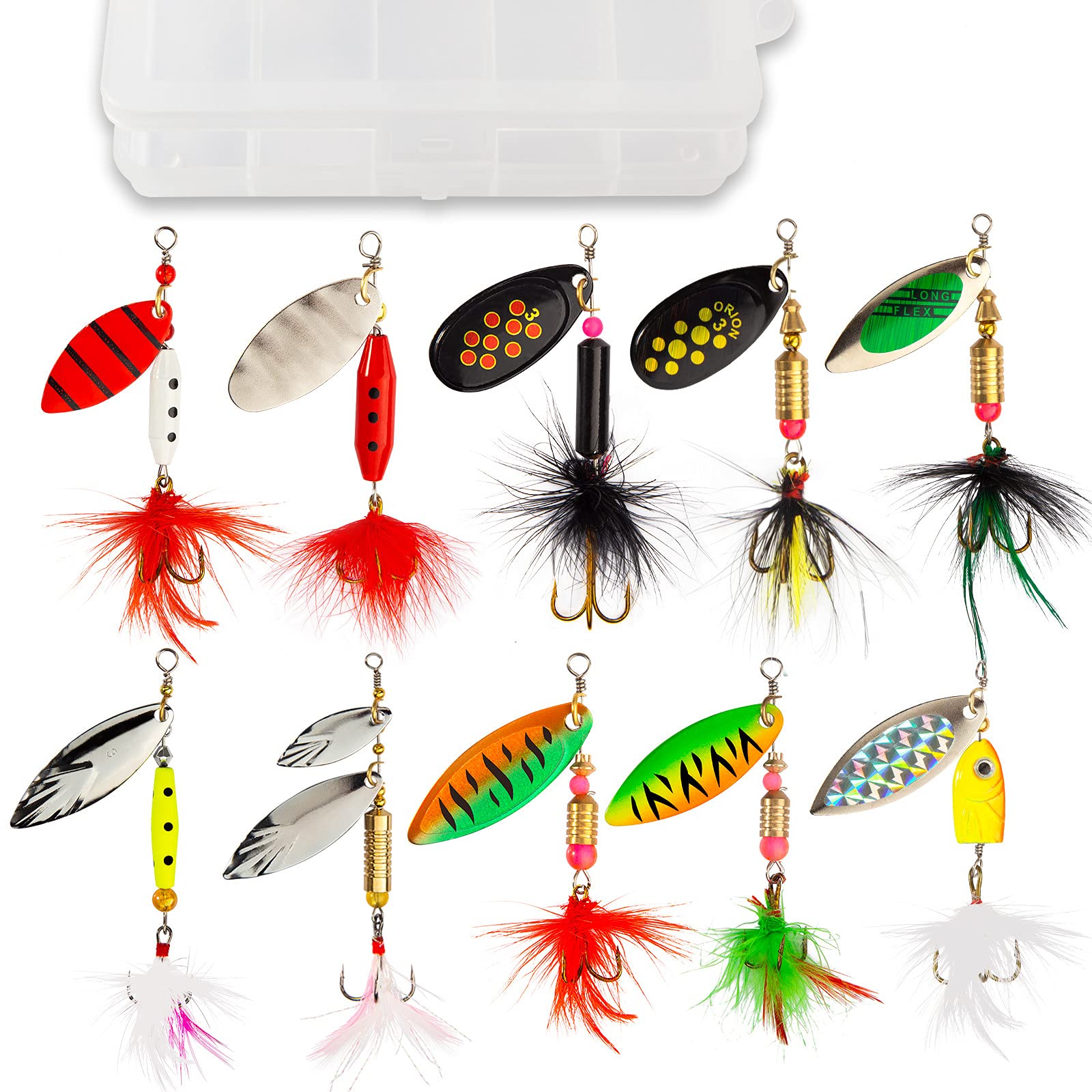 Akataka Spinnerbaits 10Pcs w/ Tackle Box, Colorful Hard Metal Baits Fishing Lure  Kit Set w/ Bass Trout Salmon Walleye, Freshwater & Saltwater Fishing Lure,  IDAL for Begginners and Experienced Style E