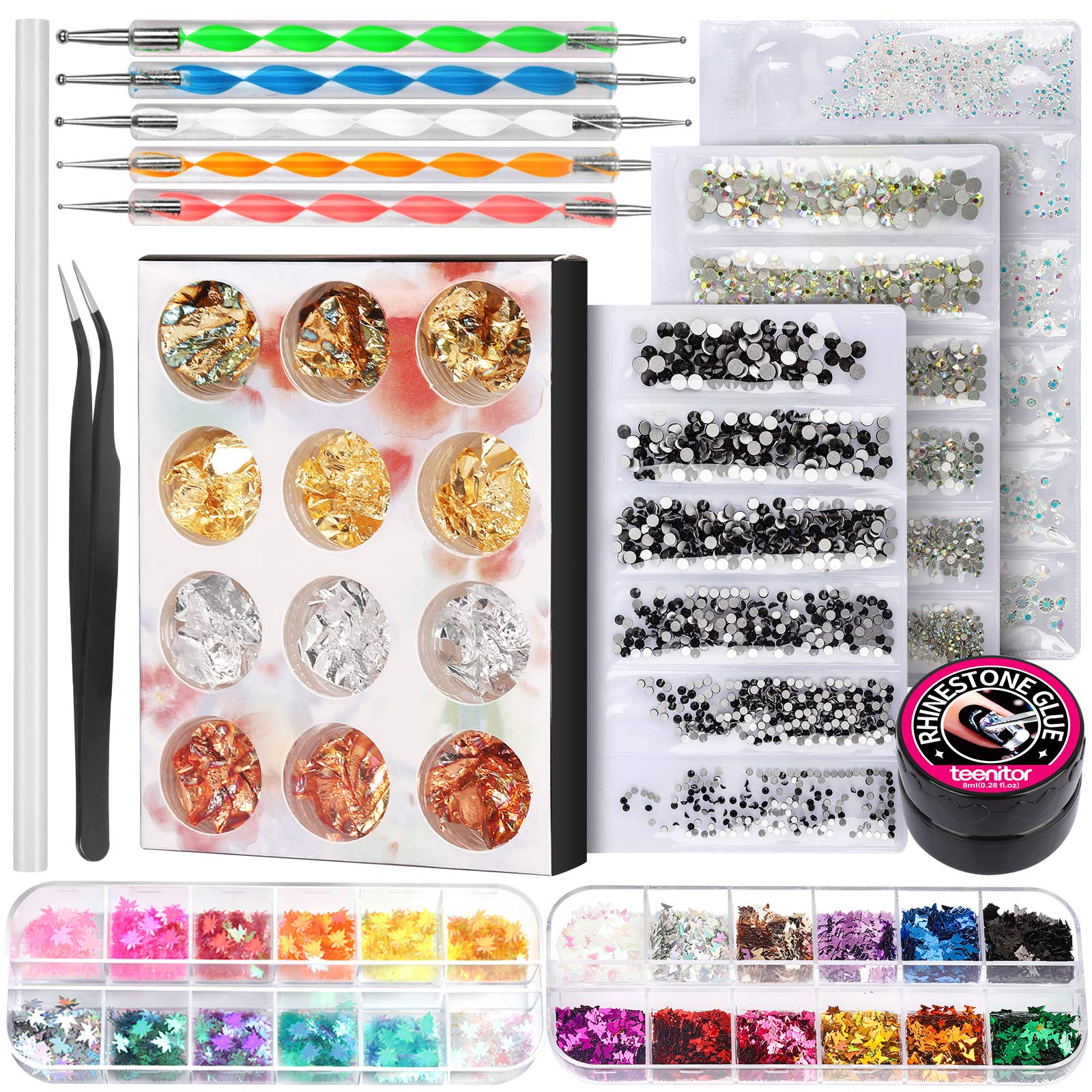 Nail Rhinestones with Glue, Teenitor Nail Rhinestone Kit Crystal AB  Rhinestones Flatback Clear Rhinestones Black Rhinestones Nail Foil Flakes  Nail Sequins for Nail Art