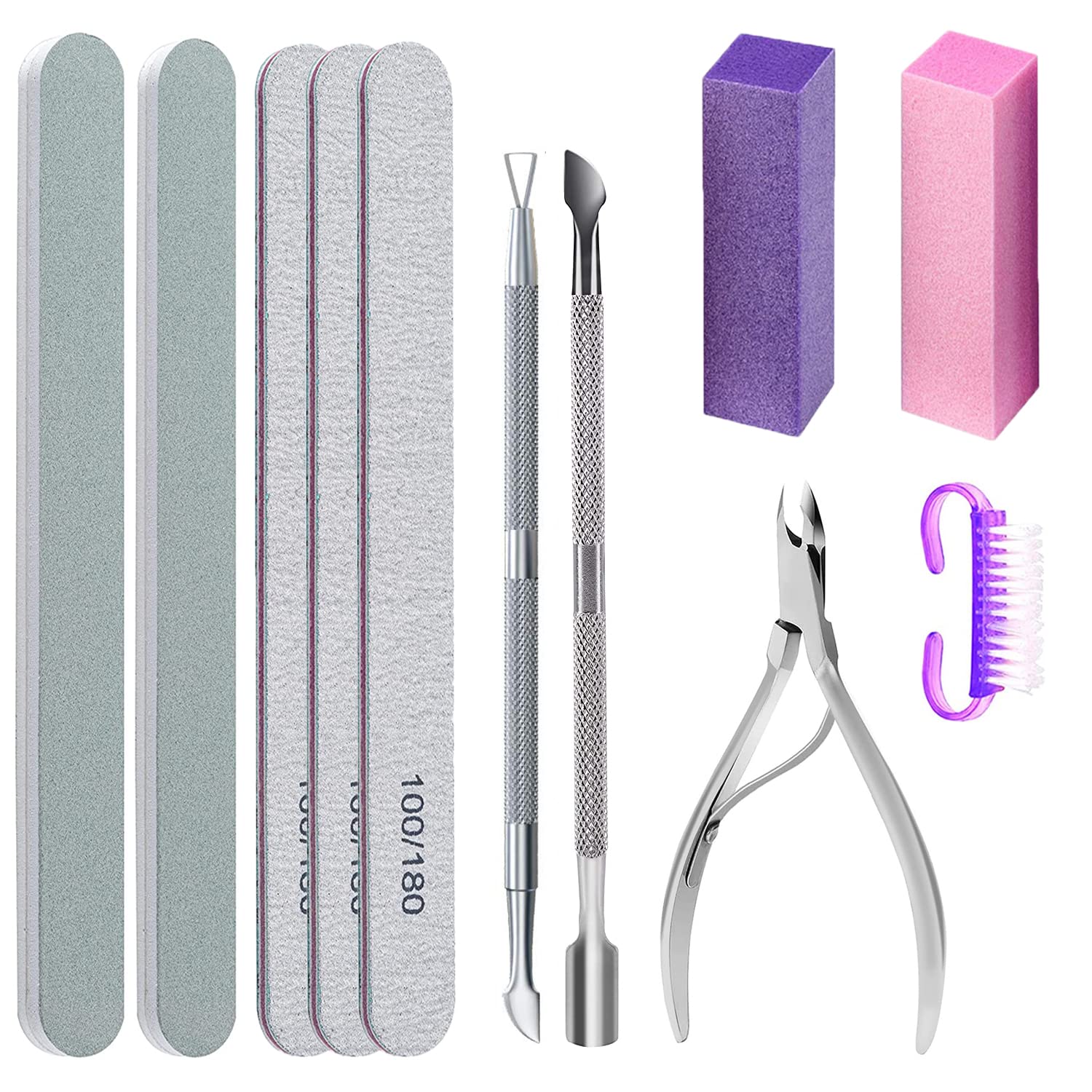 VGE BON Metal Cuticle Pusher and Nail Cleaner Set - Complete with Nail  Files, 100 Disposable Bands, and Precision Tip for Natural Nail Preparation  and