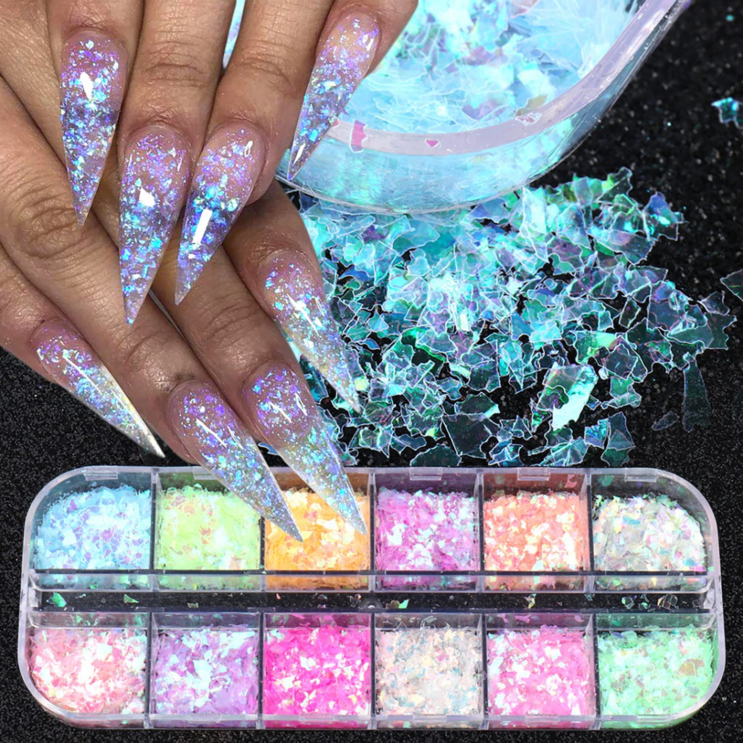 Holographic Mermaid Nail Art Glitter Flake, 12 Grids Holographic Nail Art  Sequins Bright Colorful Shiny Nail Supplies Nail Art Design Decoration