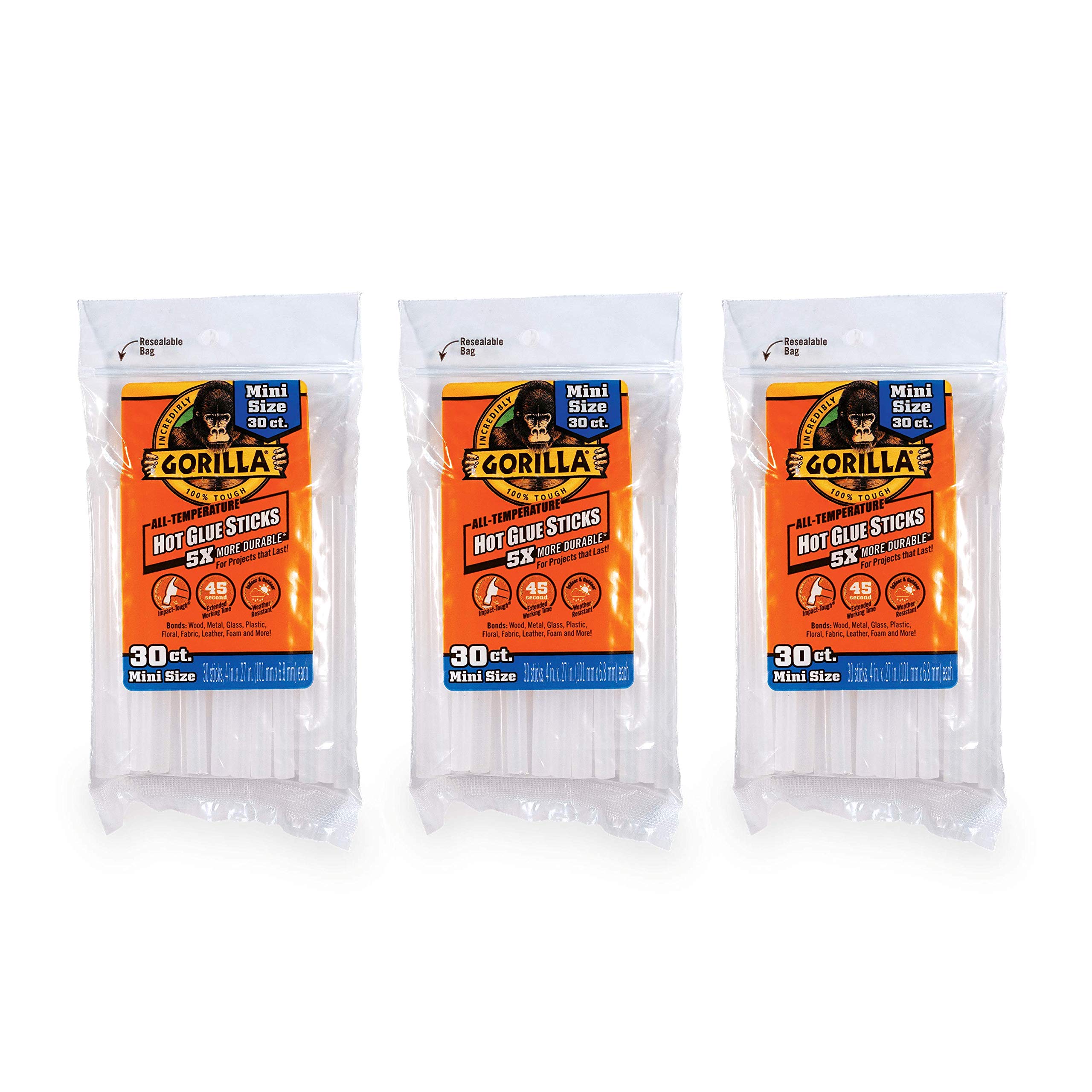 Gorilla Hot Glue Sticks, Mini Size, 4 Long x .27 Diameter, 30 Count,  Clear, (Pack of 3)