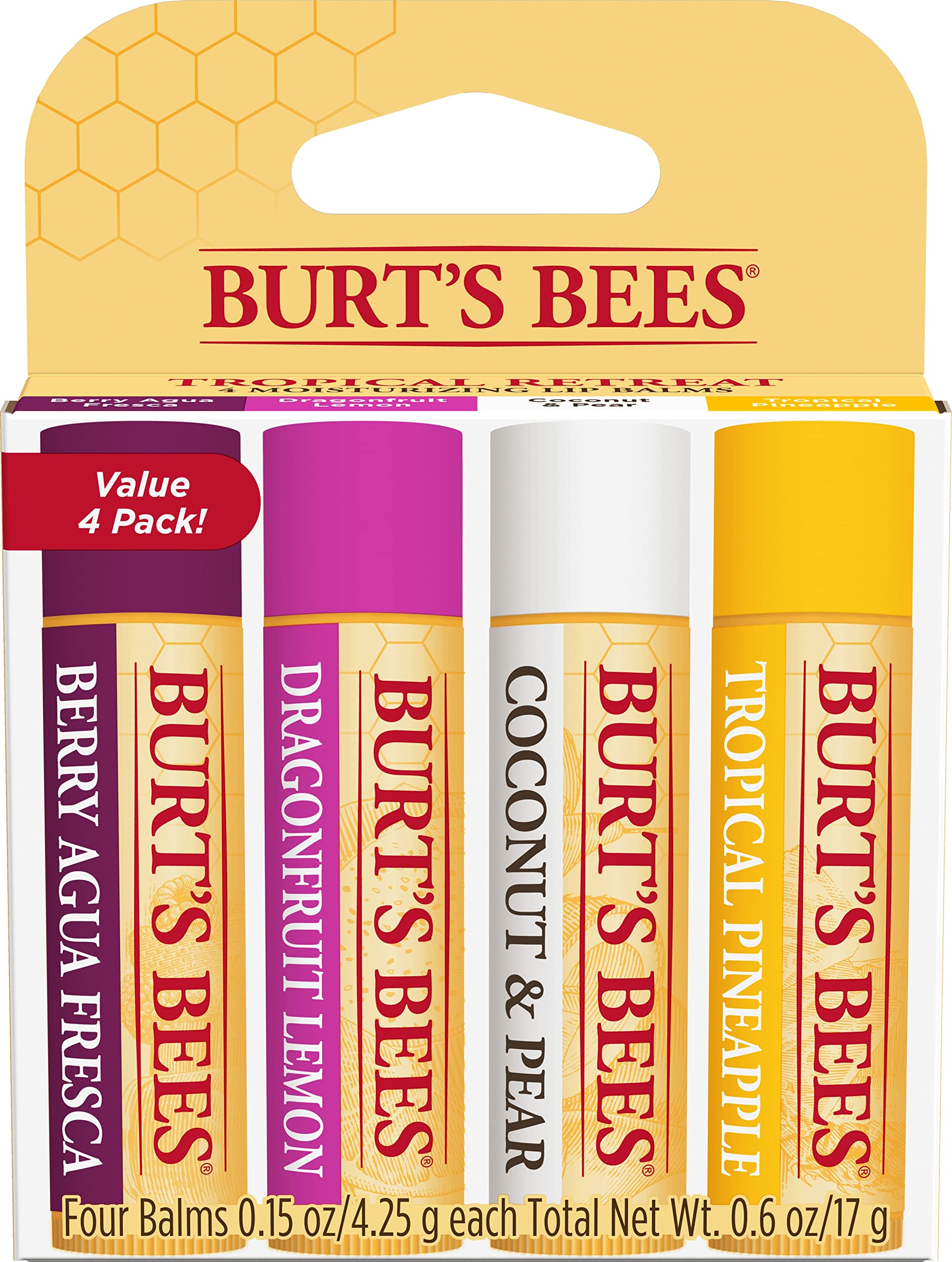 Burt's Bees 100% Natural Origin Moisturizing Lip Balm, Tropical Pineapple,  Berry Agua Fresca, Dragon Fruit