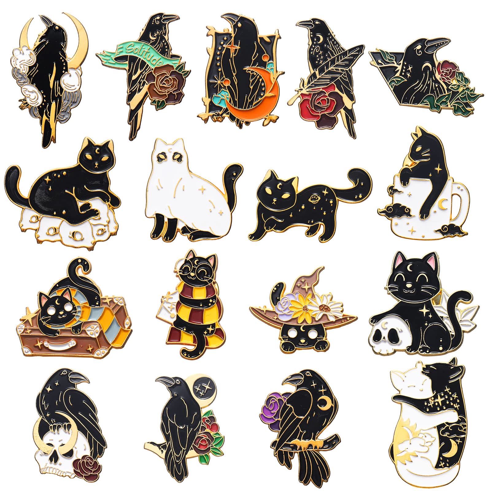 17 Pieces Black Crow Kitty Enamel Pins Set Cute Kawaii Cat