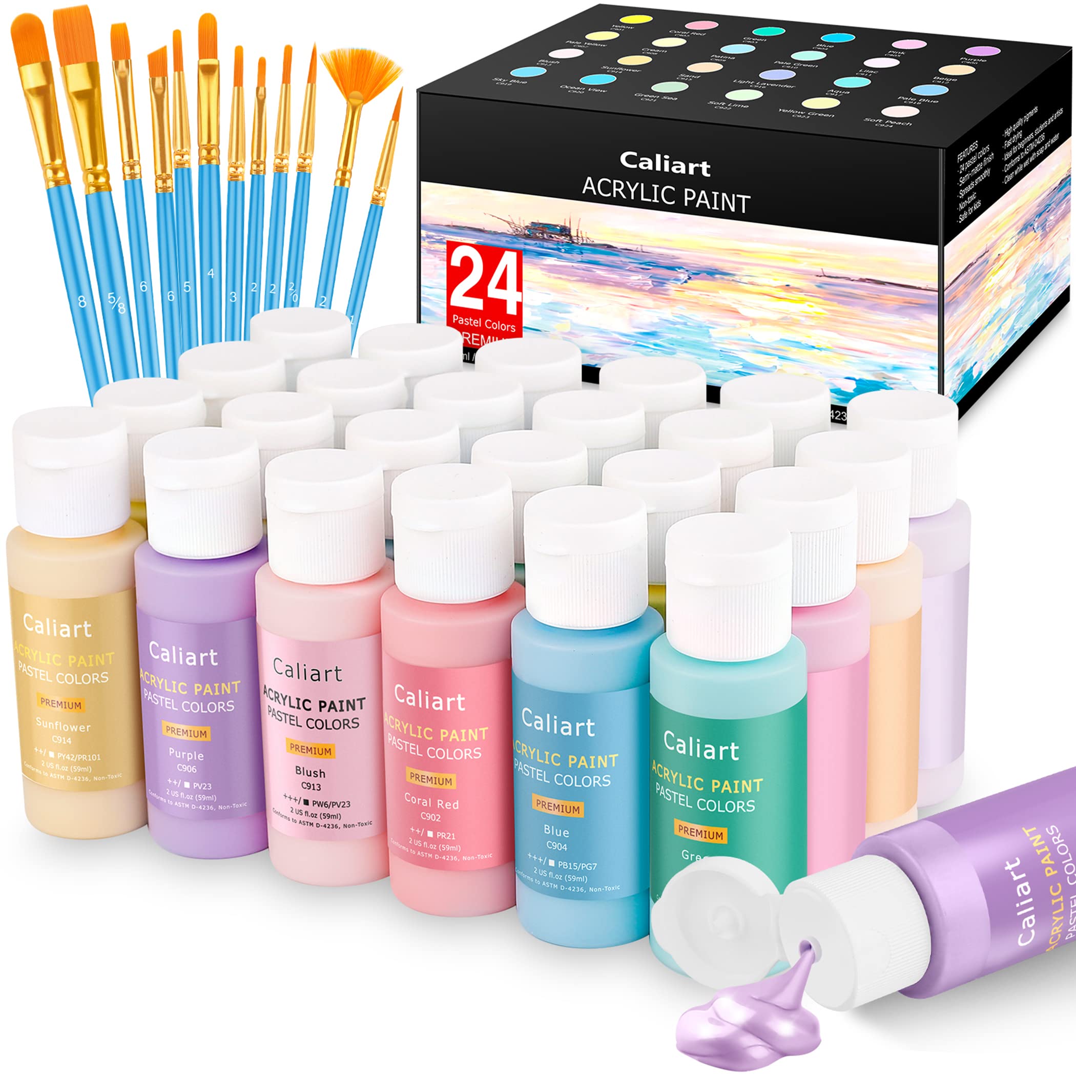 Caliart Acrylic Paint Set With 4 Brushes 52 Colors 59ml 2oz Art Craft  Paints