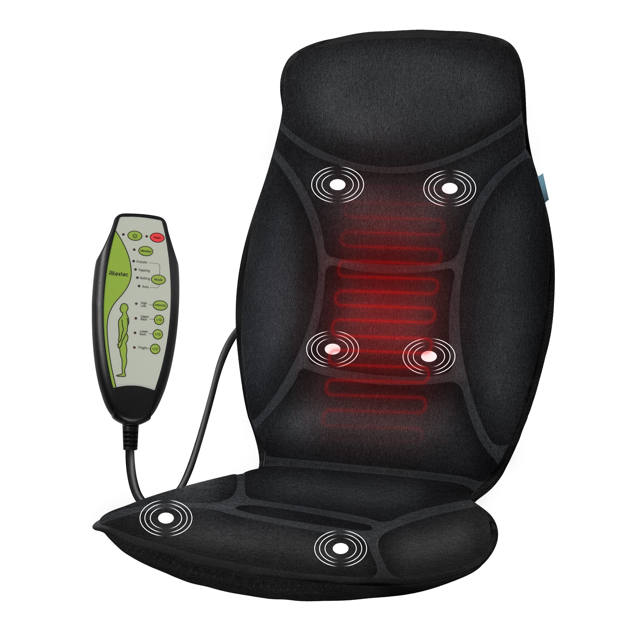 Rilextec Vibration Back Massager with Heat, Extra Memory Foam 6 Vibration  Motors Massage Chair Pad for