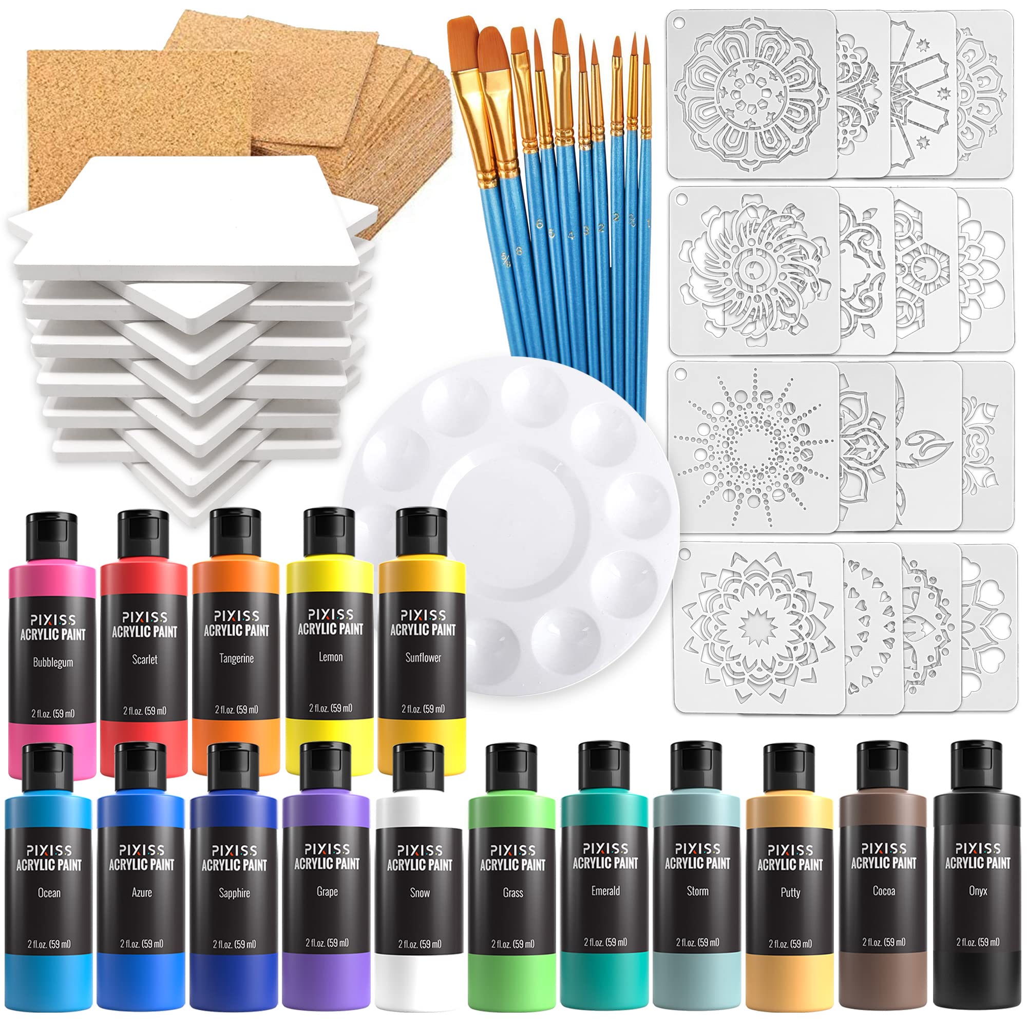 Ceramic Tiles for Crafts Coasters Kit 12 Ceramic White Tiles Cork Backing  Pads 16 Reusable Craft Stencils Acrylic Paint Paint Pallet Brushes Pallet  Tile Coaster Pouring Bundle