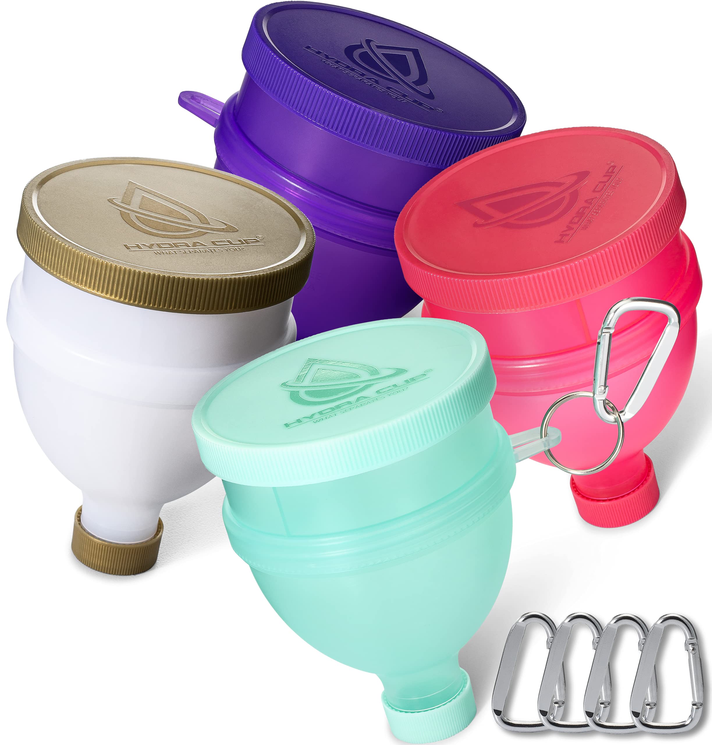 Hydra Cup [4 PACK] - Protein Powder Funnel w/ three compartments, pill &  supplement storage container & dispenser, pair w/ shaker bottle on the go  for pre/post workout (Purple/Pink/White/Gold/Green) Purple, Pink, White/Gol…